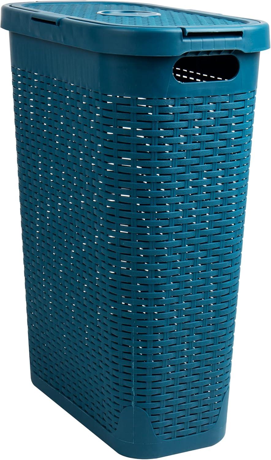 Mind Reader 40L Slim Laundry Hamper, Clothes Basket, Lid, Wicker Design, Plastic, 18"L x 10.4"W x 23.5"H, Set of 2, Blue
