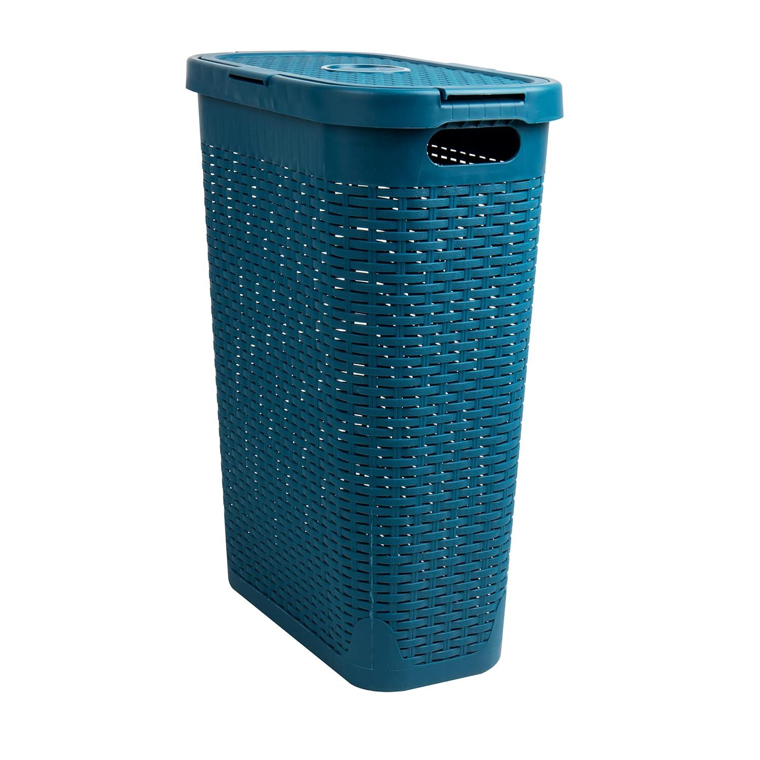 Mind Reader 40L Slim Laundry Hamper, Clothes Basket, Lid, Wicker Design, Plastic, 18"L x 10.4"W x 23.5"H, Set of 2, Blue