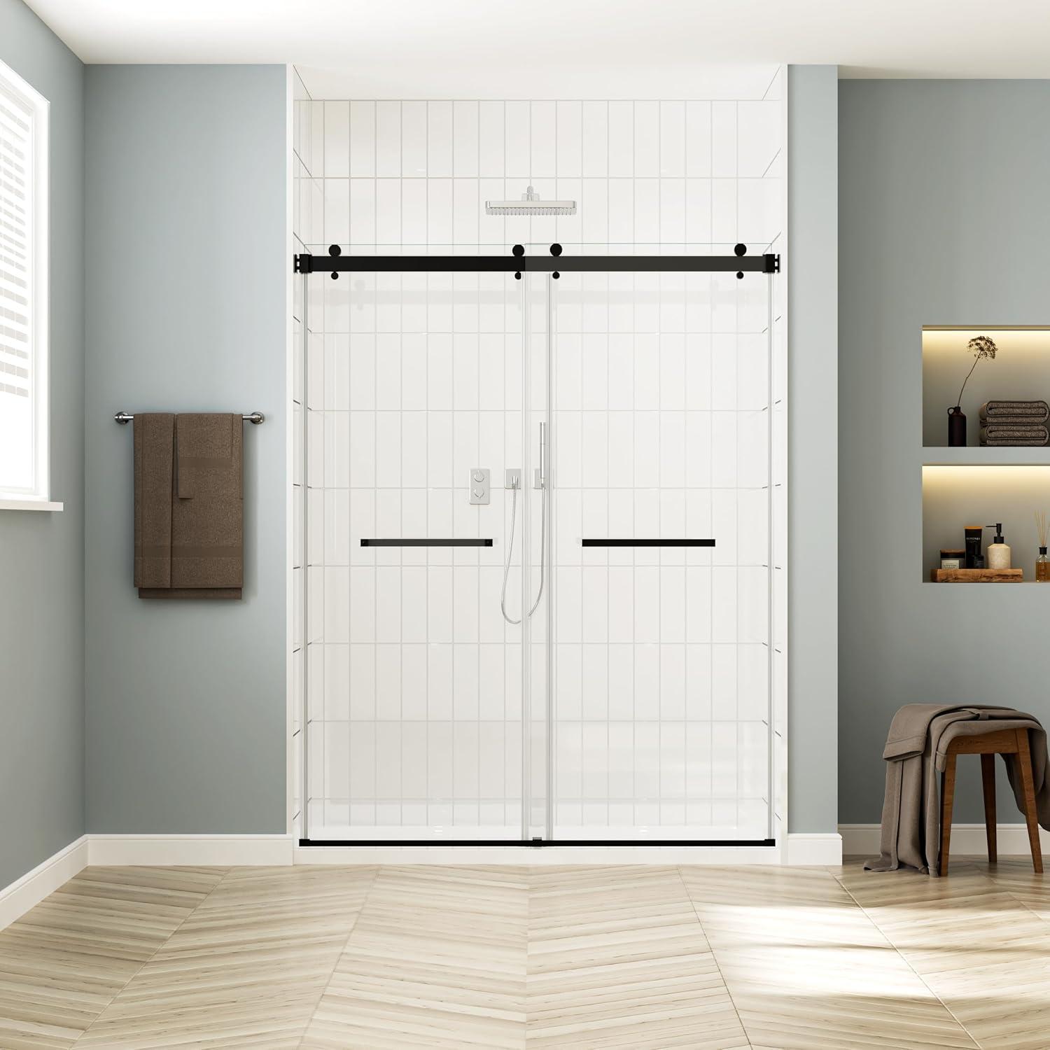 Rizzon 56-60 " W X 76 " H Double Sliding Frameless Shower Door  5/16" Tempered Glass, Stainless Steel Hardware | Wayfair