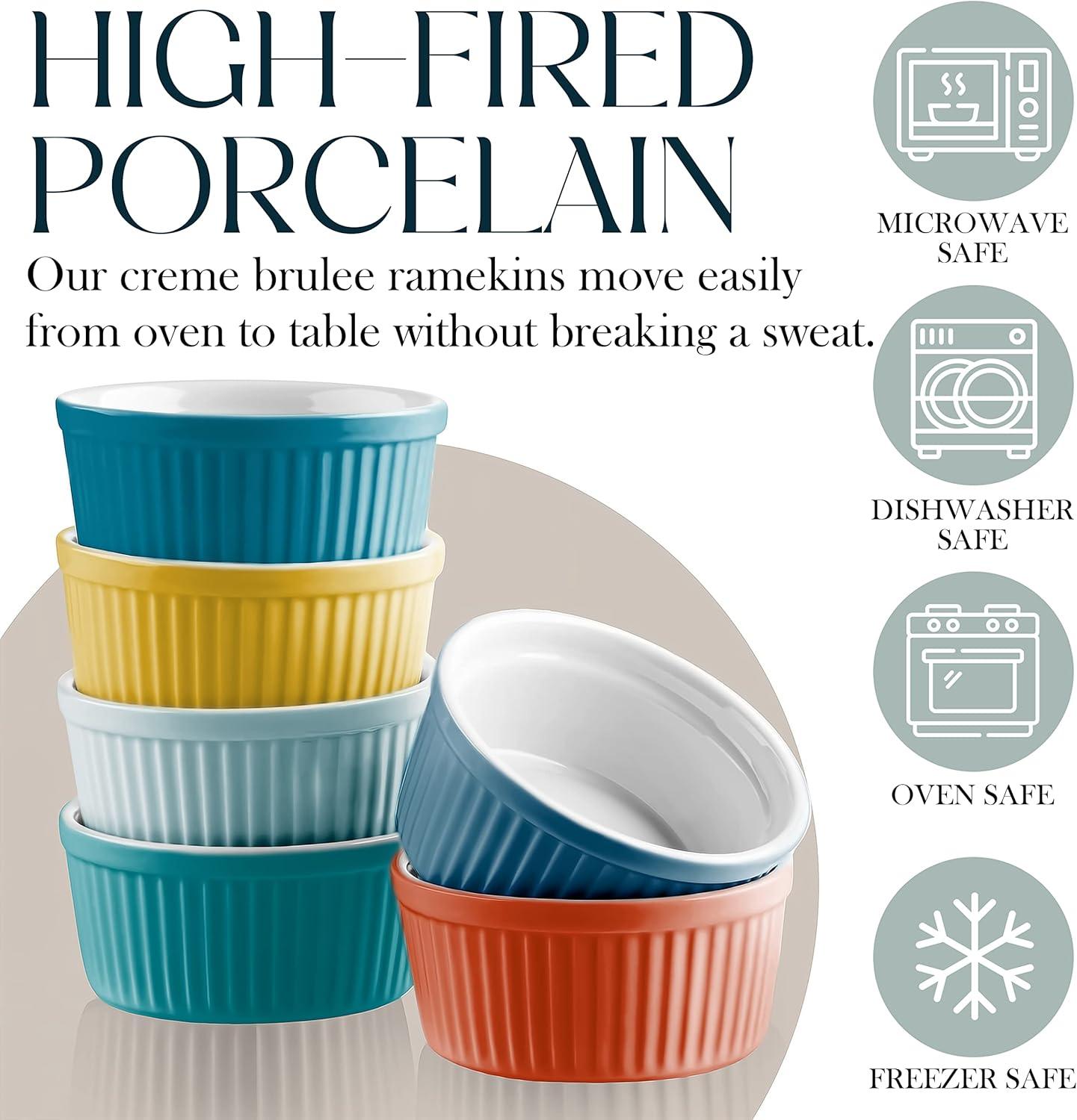Bellemain 4oz Porcelain Mini Bowls – Set of 6 Multi-Color Ramekins for Baking, Custard, Dips & More – Oven Safe to 500°F