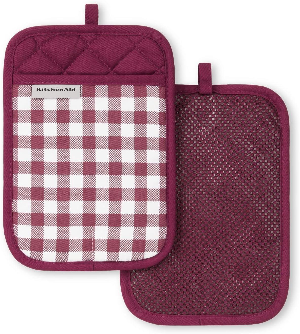 Beet Purple Silicone and Cotton Gingham Pot Holder Set