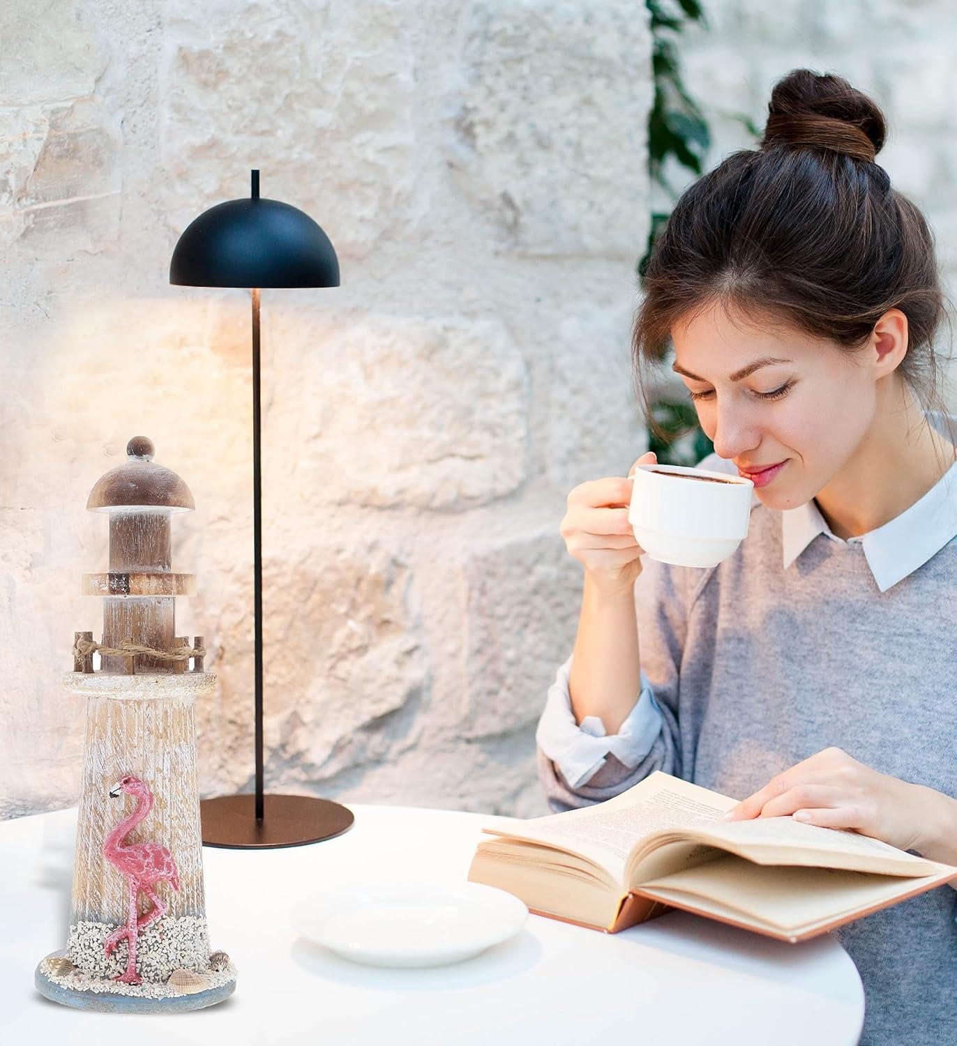 CoTa Global Flamingo Beach Lighthouse Decor - Handmade and Crafted Wooden Lighthouse Decoration with Sea Shells, Decorative Beach Style Tabletop Centerpiece, Nautical Themed Home Decor - 8.5 Inch