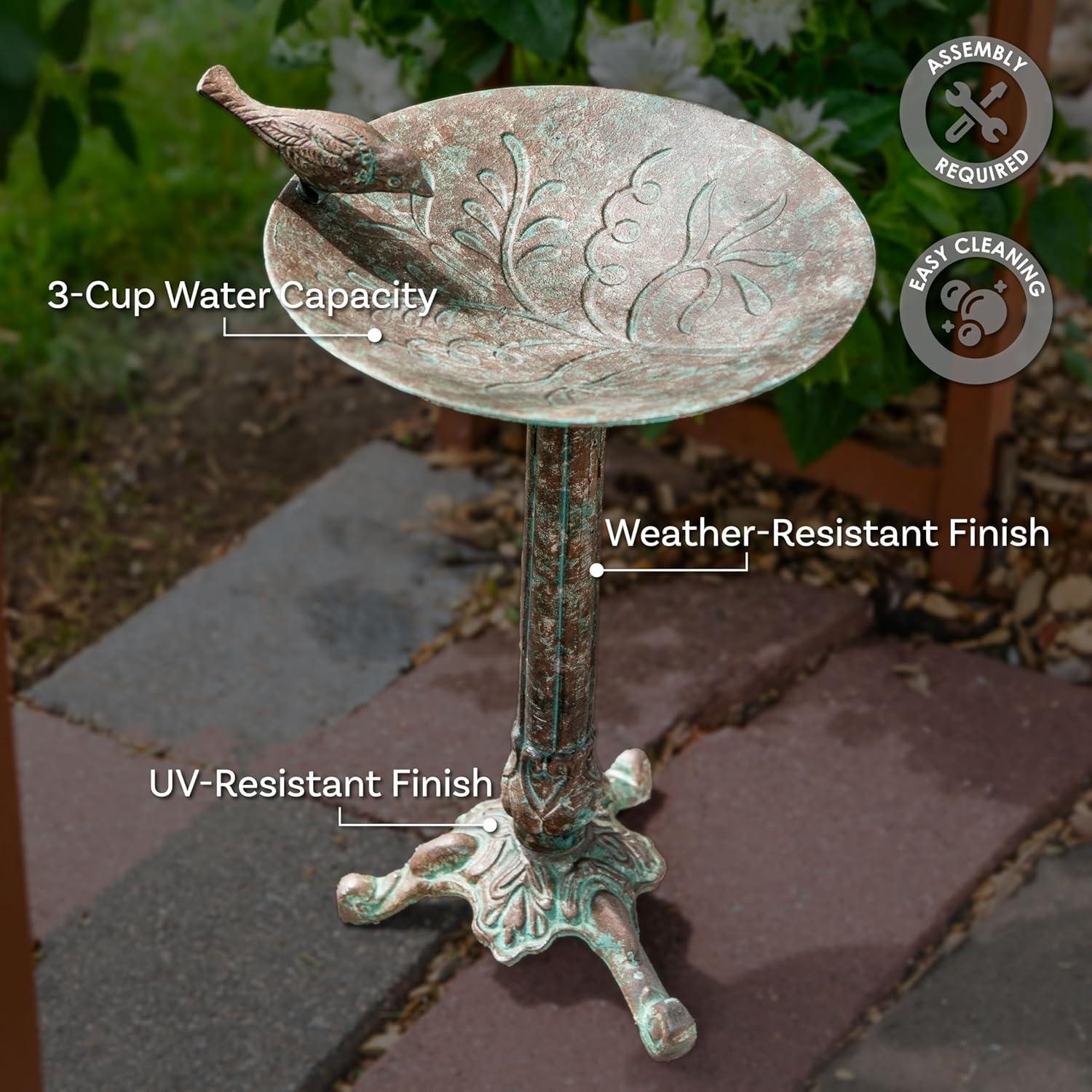 SunnyDaze Decor Ivy and Sage Freestanding Cast Aluminum Outdoor Bird Bath - Rustic Patina