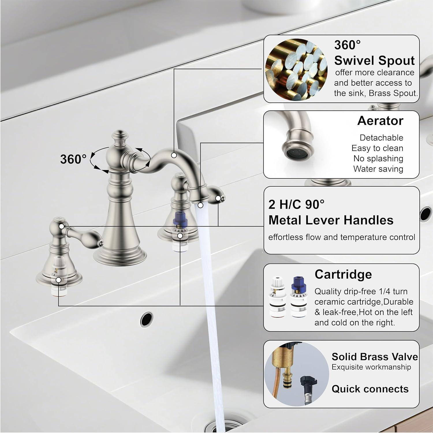 Brushed Nickel Transitional Widespread Bathroom Faucet with Lever Handles