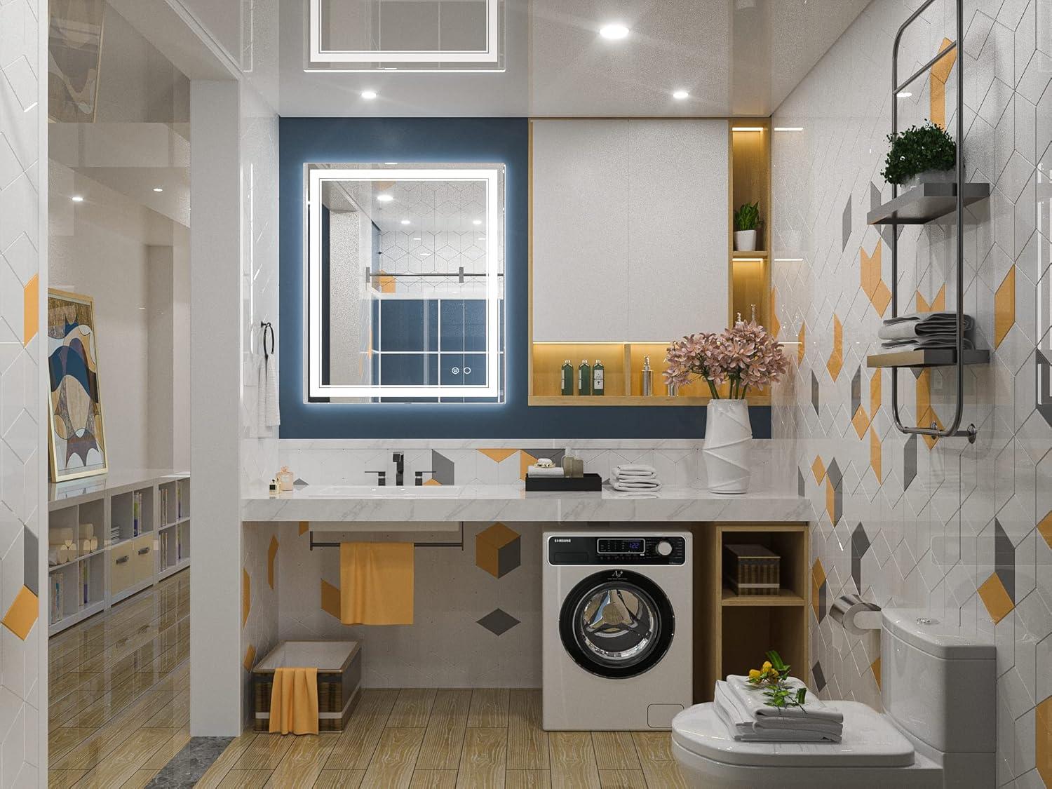 Keonjinn LED Bathroom Mirror with Lights, 30'' x 36''LED Vanity Mirror, Wall Mounted Anti-Fog Dimmable Frameless Frontlit Makeup Mirror, IP54, 6000K(Horizontal/Vertical)