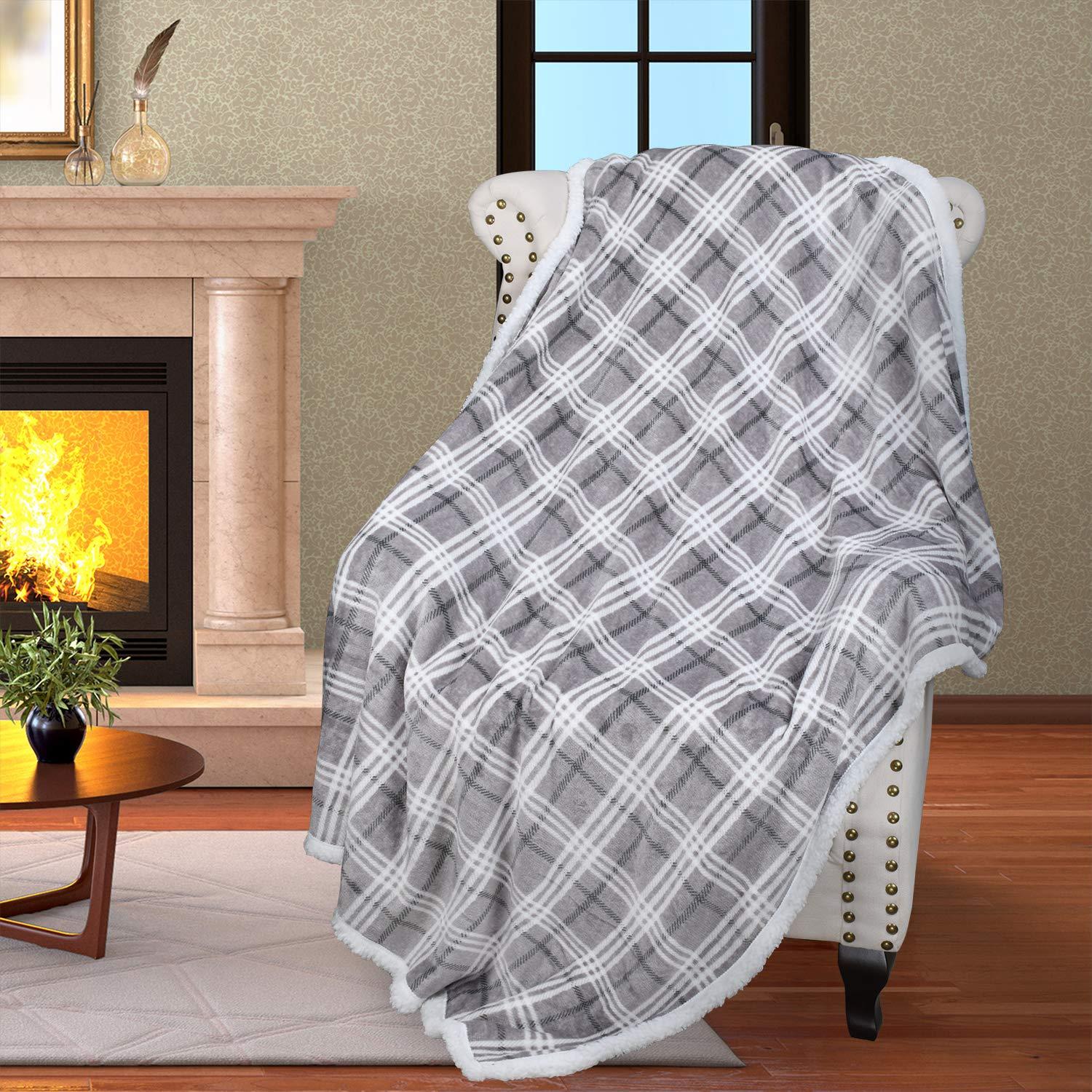 Catalonia Plaid Sherpa Throw Blanket, Holiday Throws for Couch Sofa Cabin Decro, Christmas Blanket