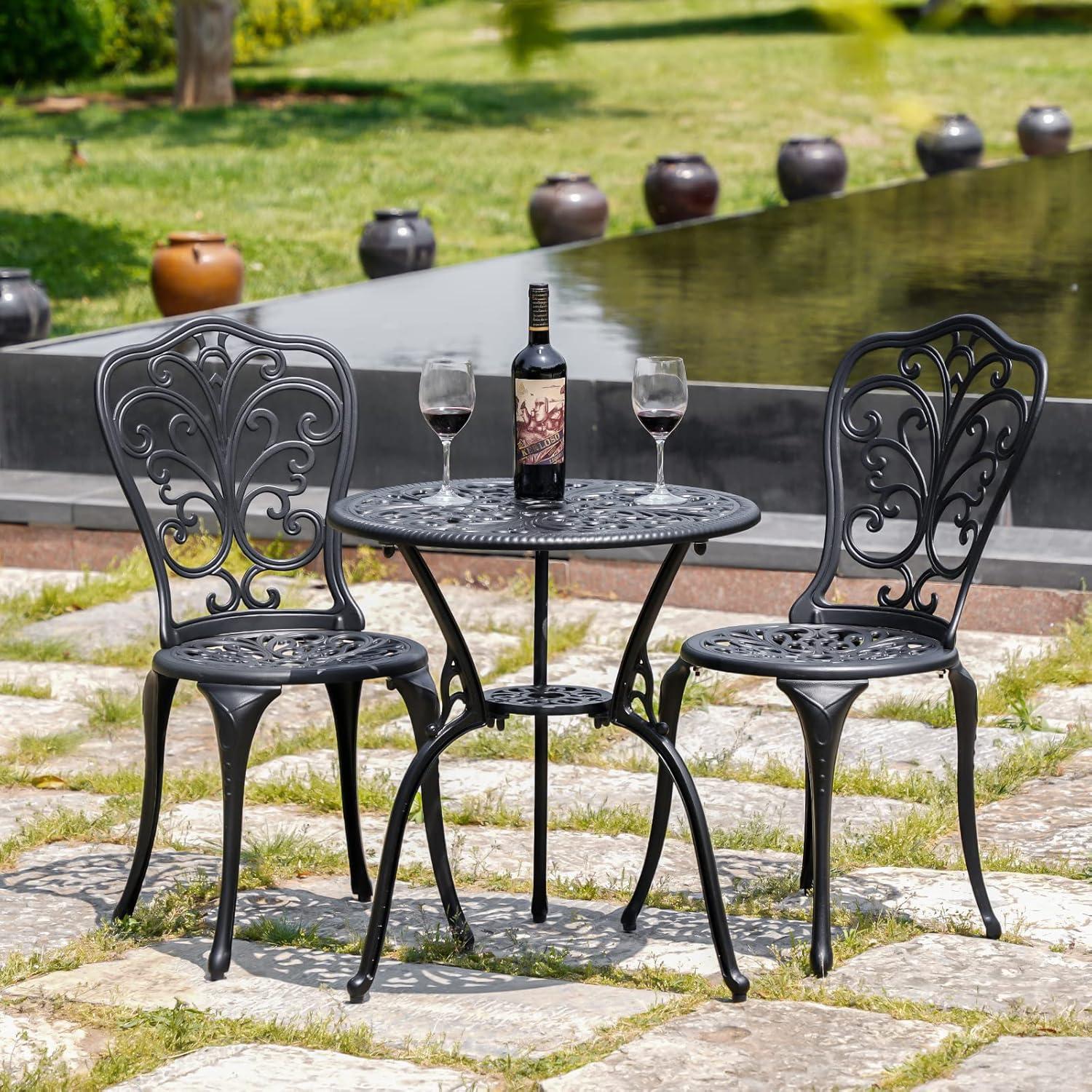 Black Cast Aluminum 3-Piece Outdoor Bistro Set with Floral Design