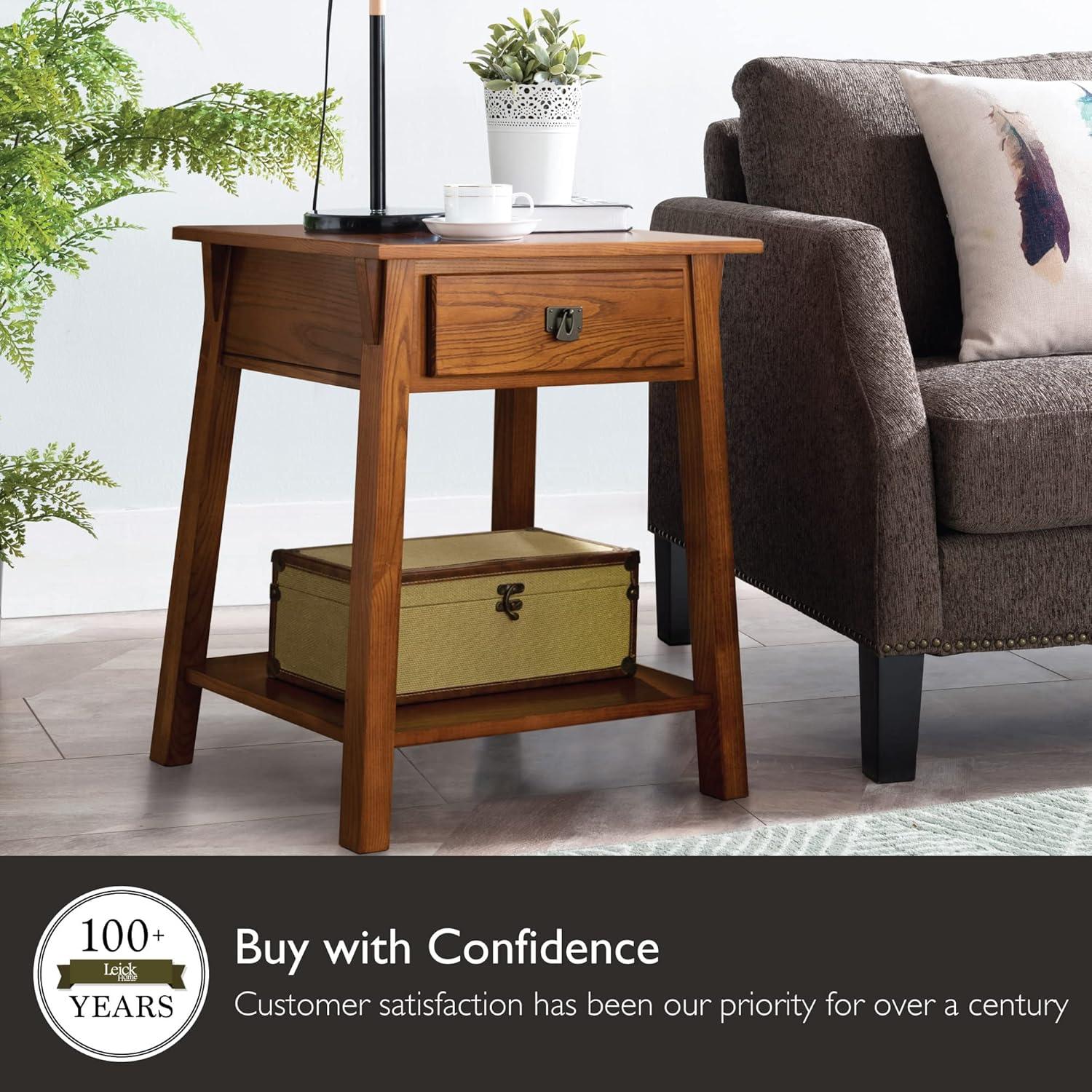 Leick Home 10032-RS Mission Round End Table with Drawer, Made with Solid Wood, Side Table for Living Room, Bedroom, and Office, Slate Black Finish