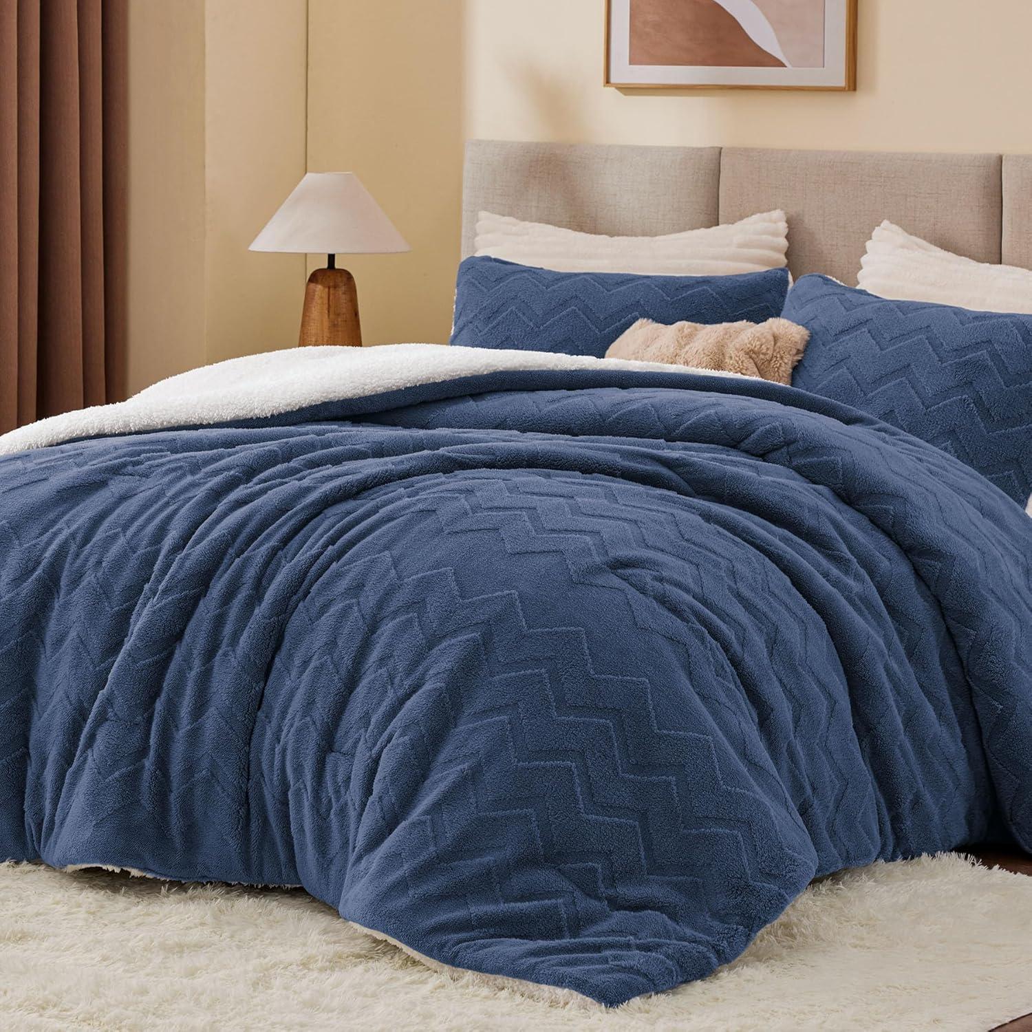 Navy Blue Sherpa Reversible Queen Comforter Set