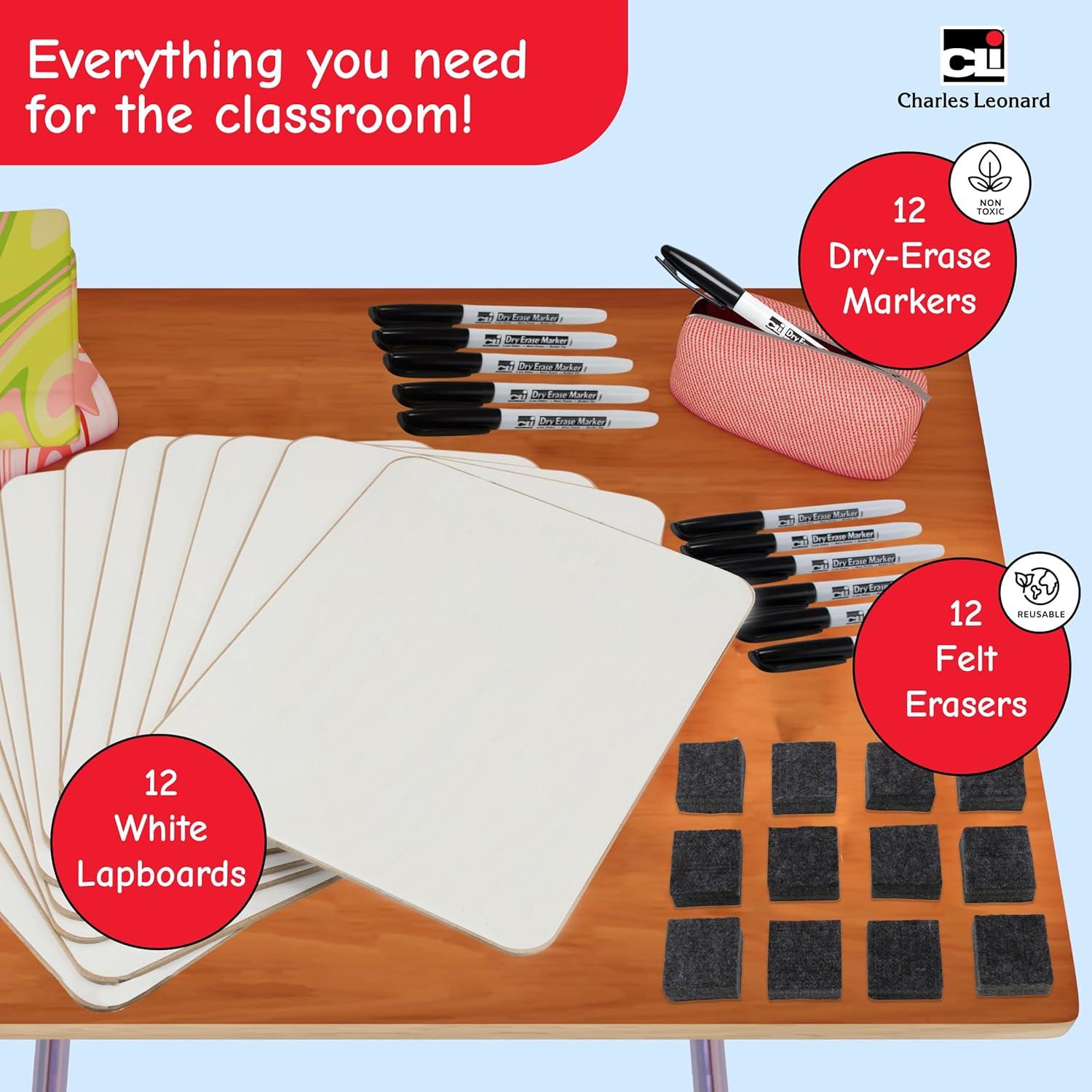 Charles Leonard Dry Erase Lapboard Class Pack, Plain 1-Sided Boards, Markers & Erasers, Pack of 12