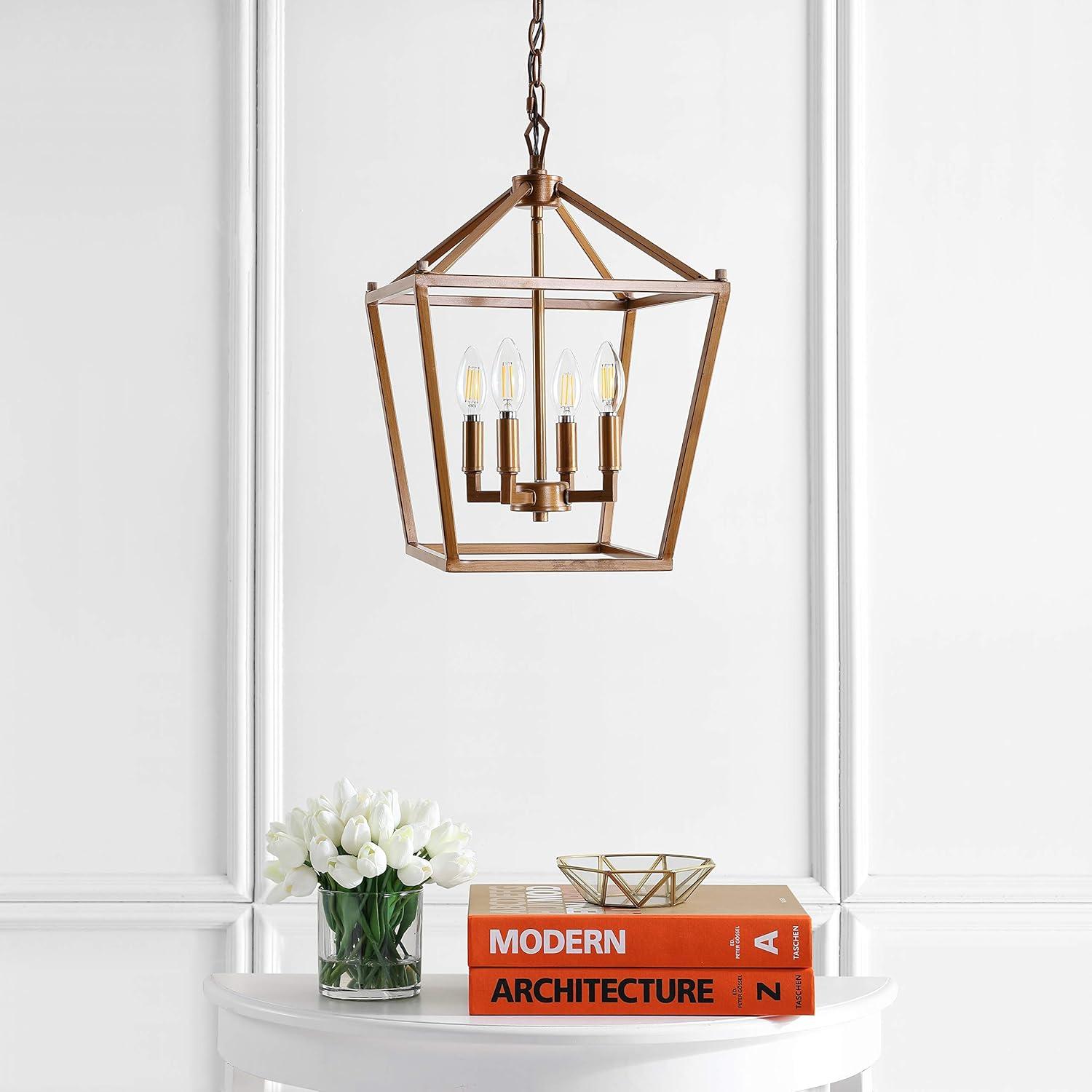 JONATHAN Y Marion Lantern Metal LED Pendant, by JONATHAN Y Antique Gold 4 12" Antiqued Adjustable N/A,Gold 7 to 12 Inches