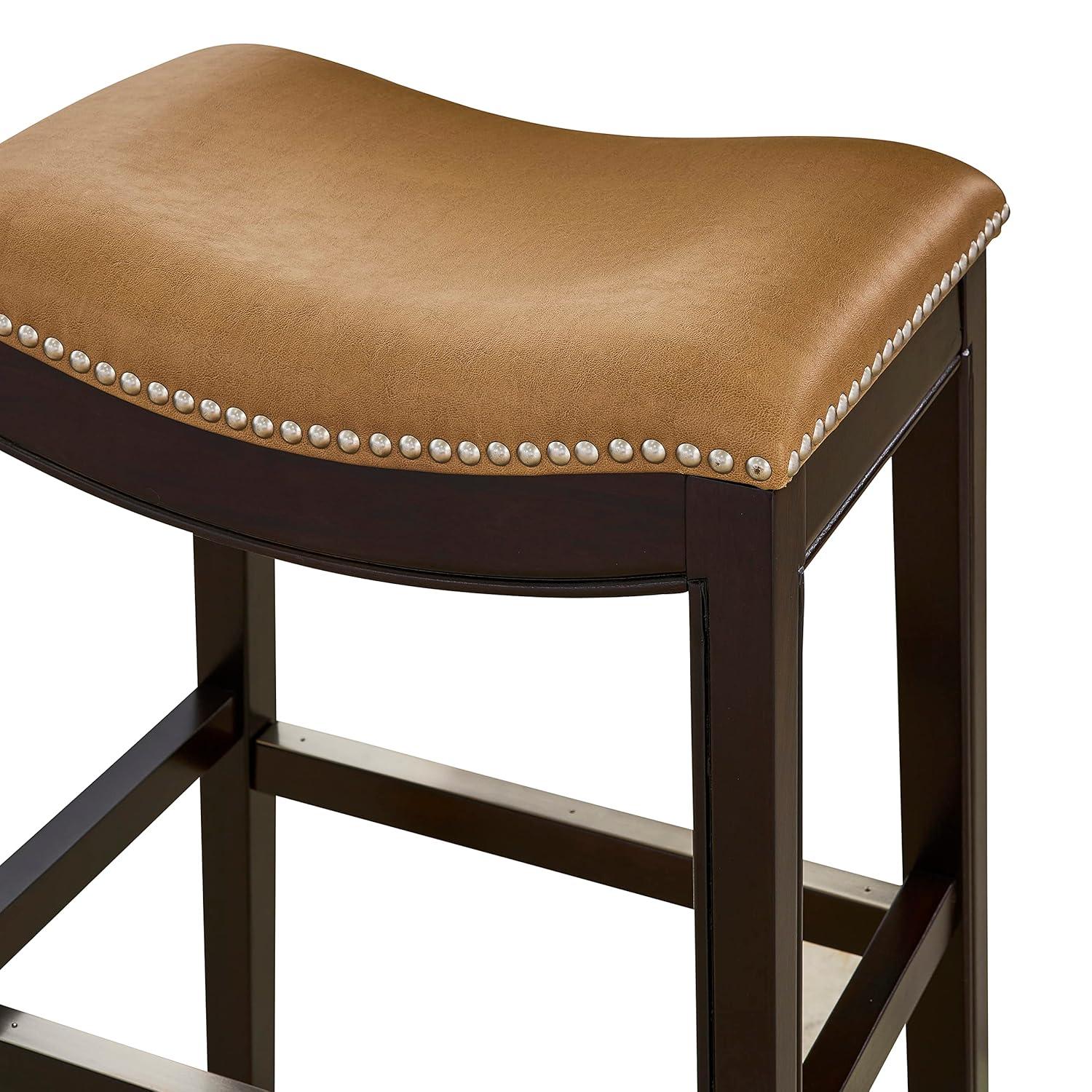 New Ridge Home Goods  25 in. Julian Counter-Height Wood Barstool with Tan Faux-Leather Seat - Espresso