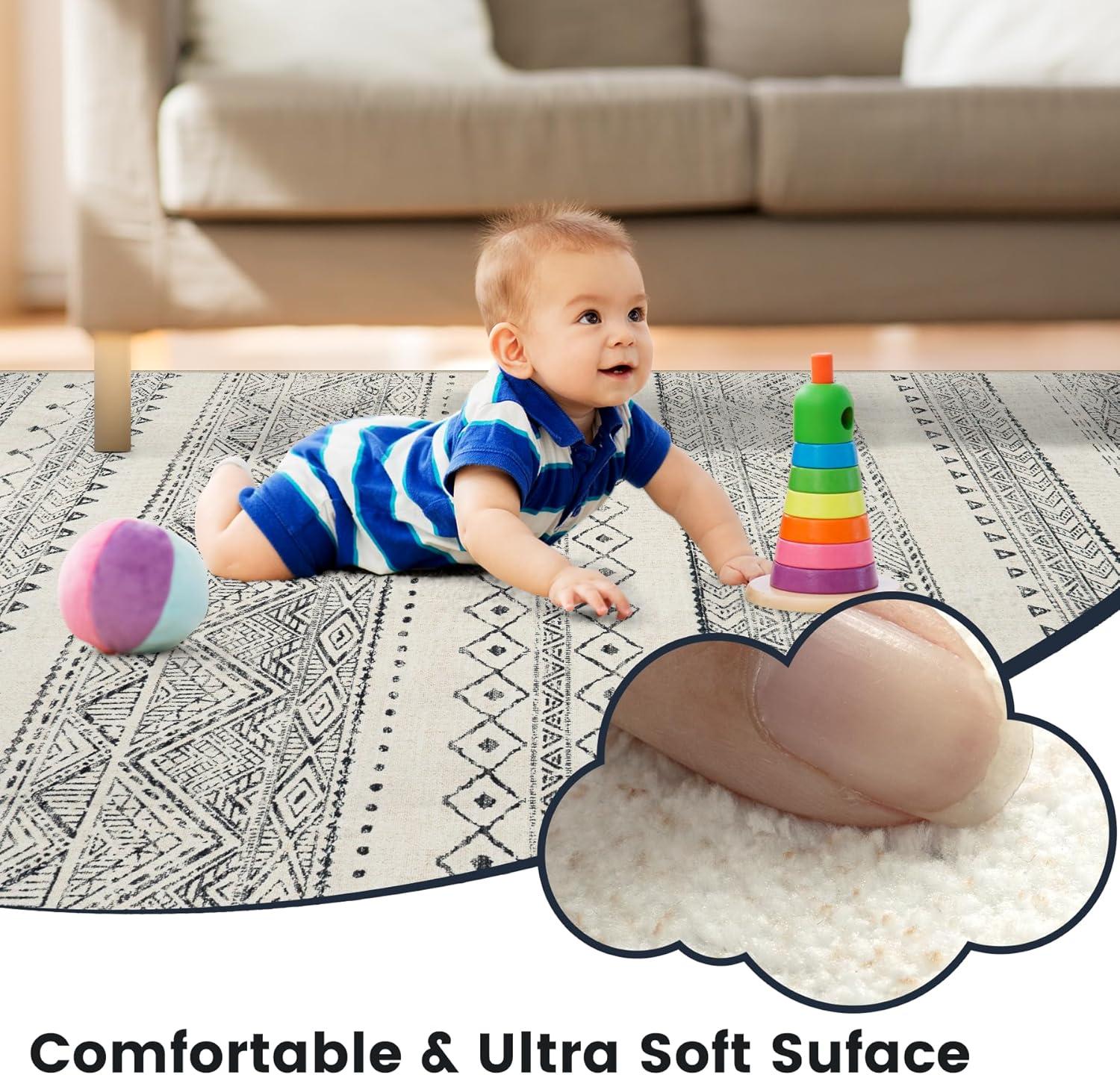 FairOnly 9'x12' Brown White Area Rugs Machine Washable Vintage Rugs for Bathroom Geometric Moroccan Ultra-Thin Area Rugs for Family Room Living Room Carpet