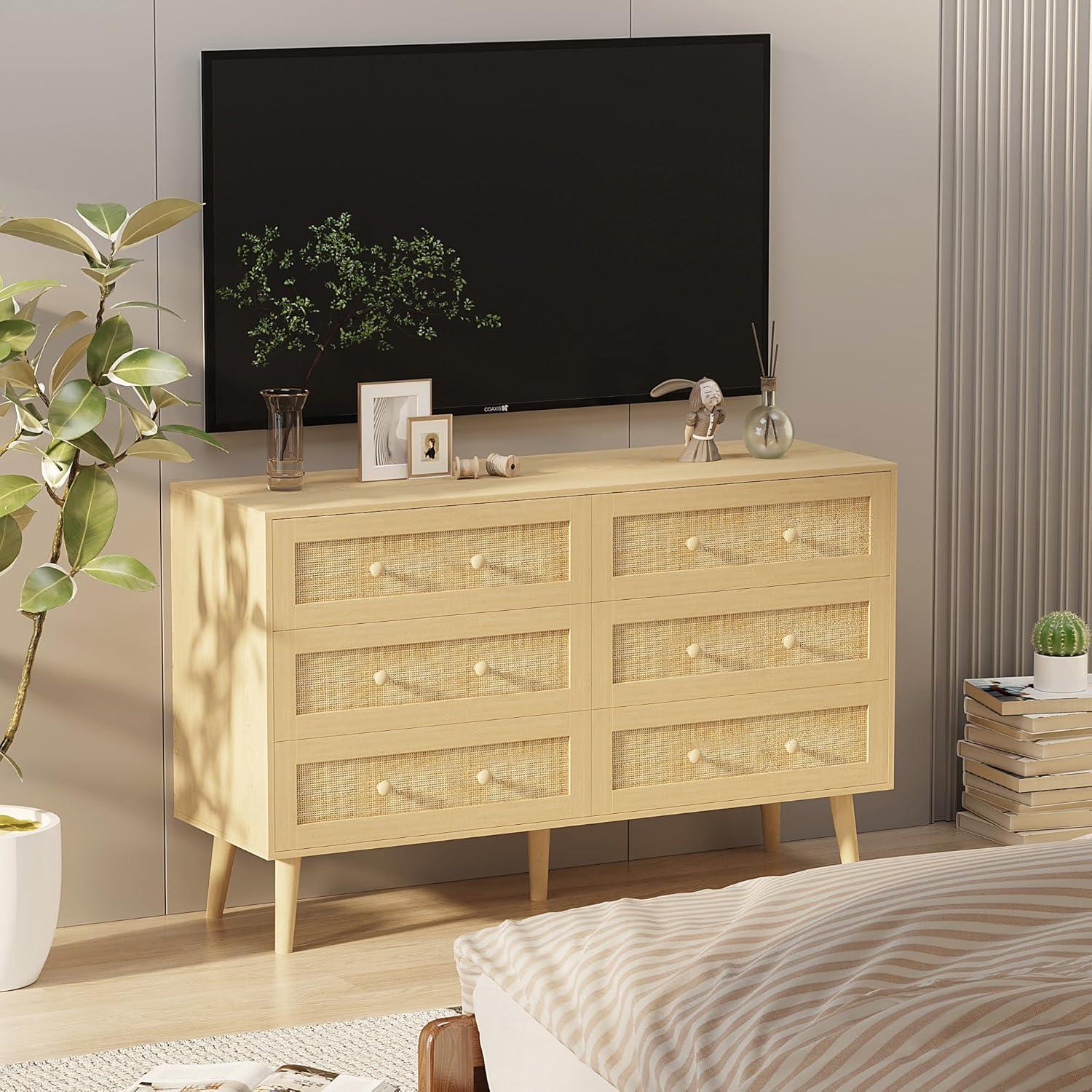 Natural Rattan and Wood Double Dresser with Six Drawers