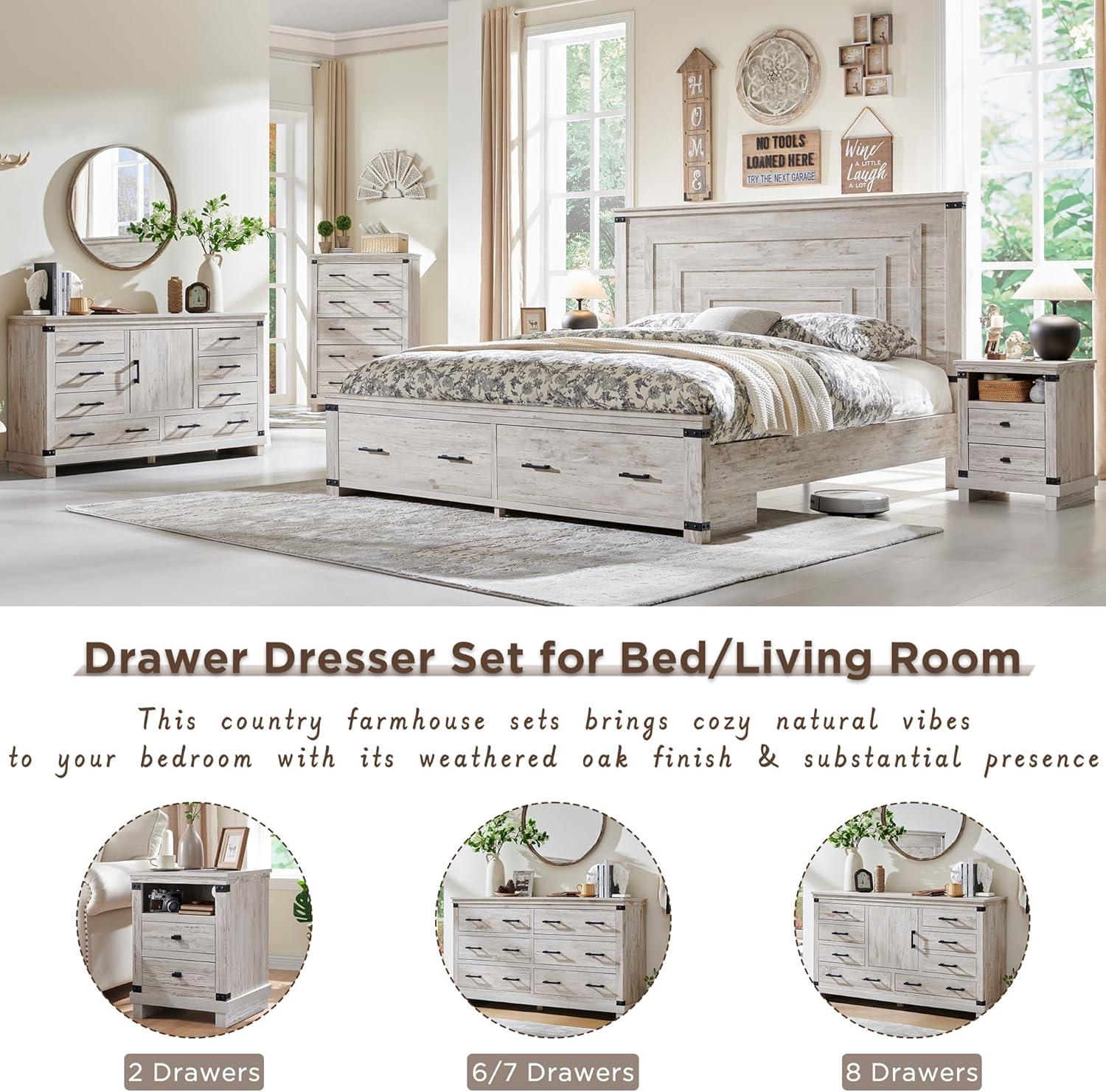 Farmhouse 8 Drawer Dresser for Bedroom with Adjustable Shelf, Wood Long Chest of Drawers with Thick Plank Styling, Rustic Large Closet Dresser for Bedroom, Living Room, Light Rustic Oak Color