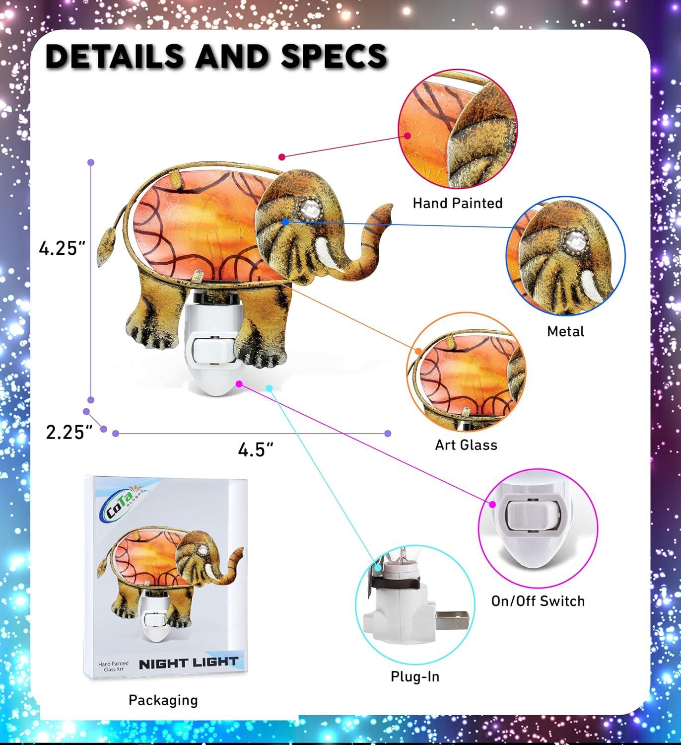 Orange Elephant Stained Glass Battery-Operated Night Light
