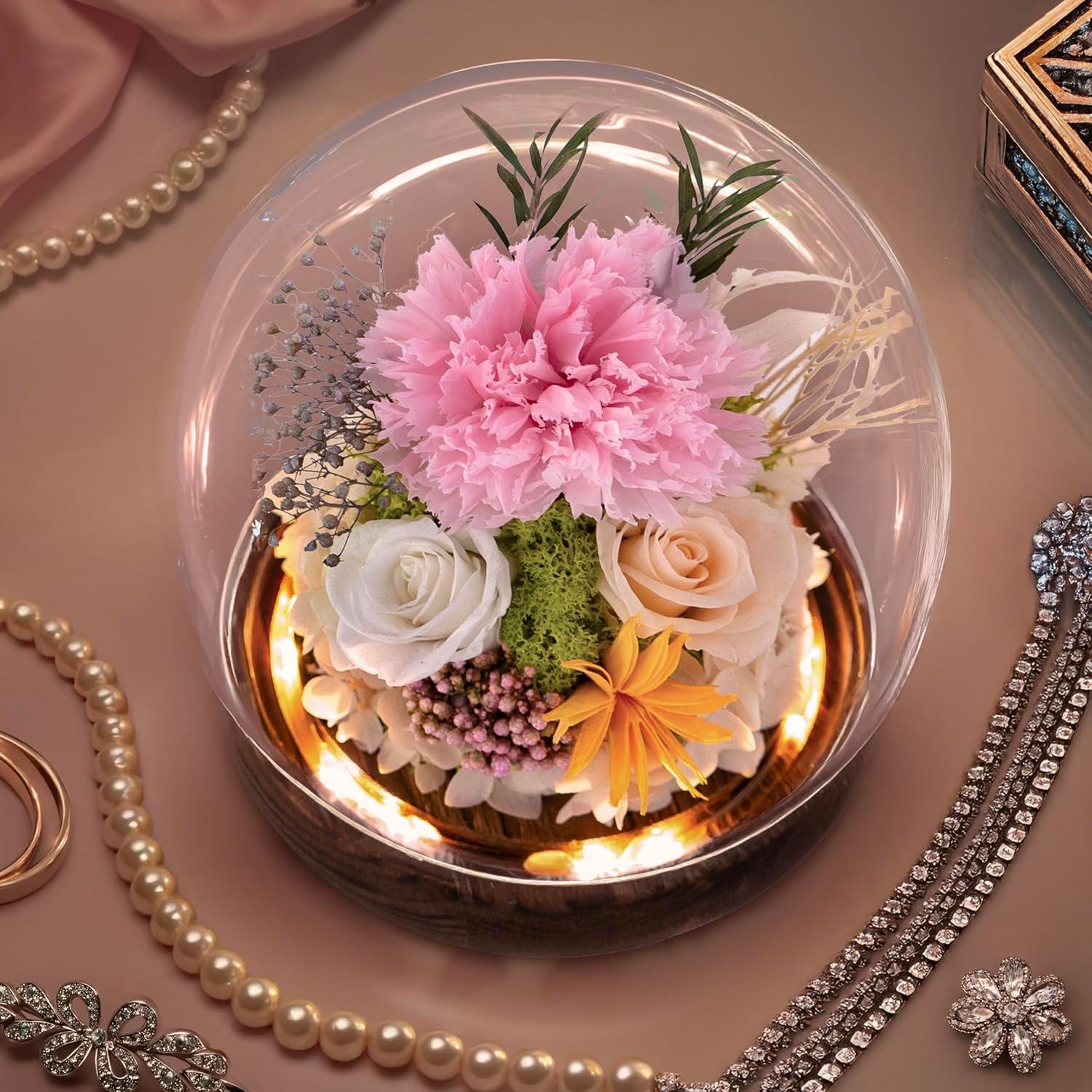 Preserved Flowers Rose in Glass Dome w/Light - Long Lasting Flowers, Flower Gifts for Women for Any Occasion - Home Decor, Comes w/Thick Gift Box - Glass Rose Flowers - White/Pink