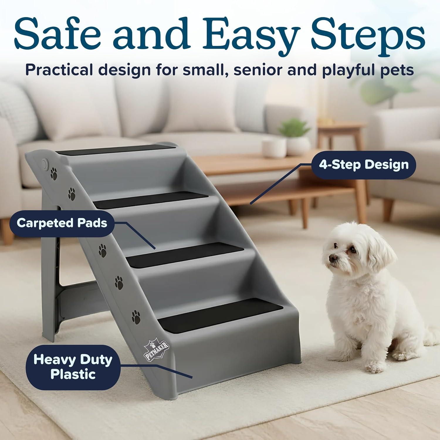 Folding Plastic Pet Stairs Durable Indoor or Outdoor 4 Step Design With Built-in Safety Features For Dogs Cats Home Travel by PETMAKER – Gray
