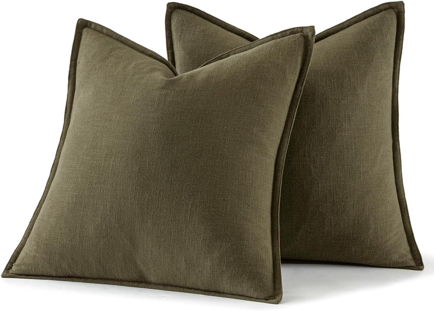 MIULEE Pack of 2 Decorative Linen Pillow Covers 18x18 Inch Olive Green Farmhouse Soild Neutral Throw Pillow Covers Soft Accent Decorative Pillowcases Home Decors for Couch Sofa Bed Living Room