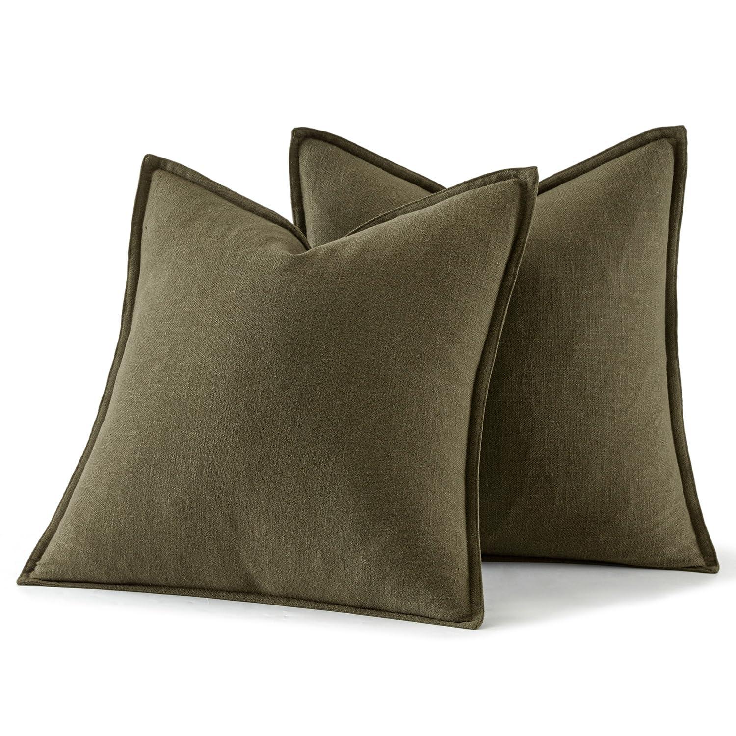 MIULEE Pack of 2 Decorative Linen Pillow Covers 18x18 Inch Olive Green Farmhouse Soild Neutral Throw Pillow Covers Soft Accent Decorative Pillowcases Home Decors for Couch Sofa Bed Living Room
