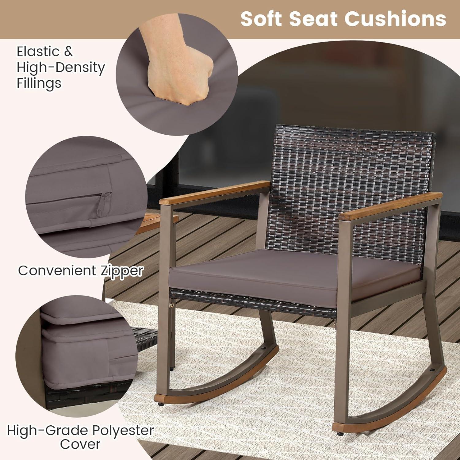 3 Pieces Rattan Rocking Bistro Set, Patio Conversation Sets with Coffee Table and Cushions-Off Navy