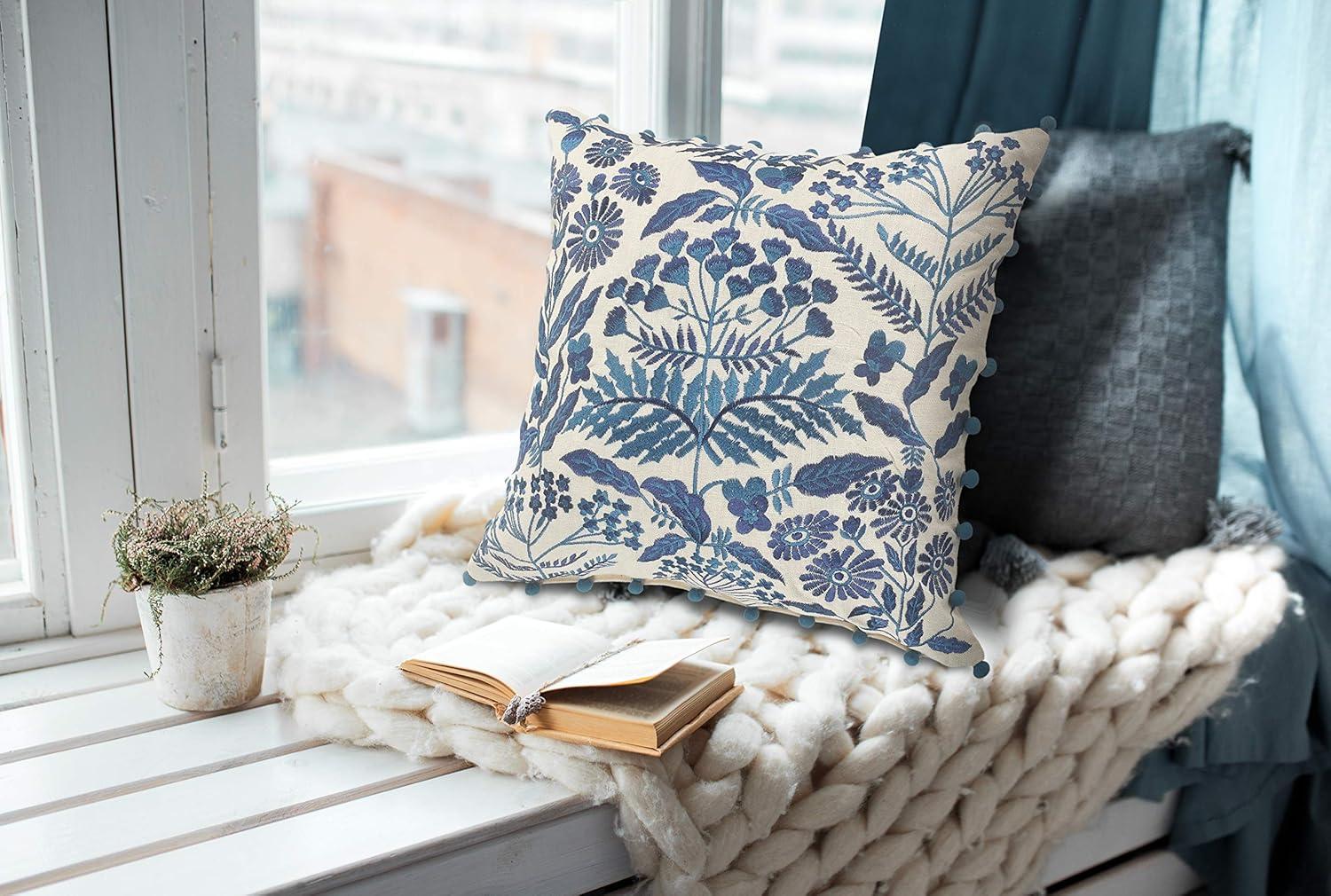 Navy and Off-White Bohemian Floral Square Throw Pillow