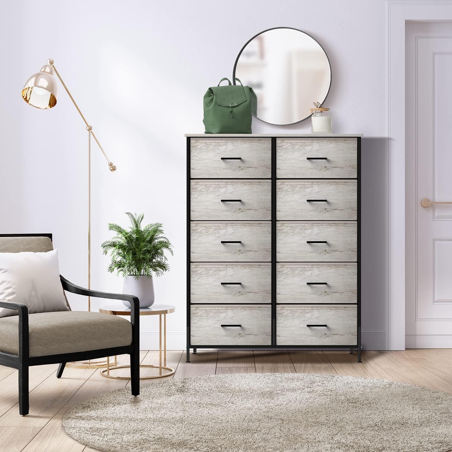 Sorbus Greige 10-Drawer Dresser with Faux Wood Bins & Steel Frame