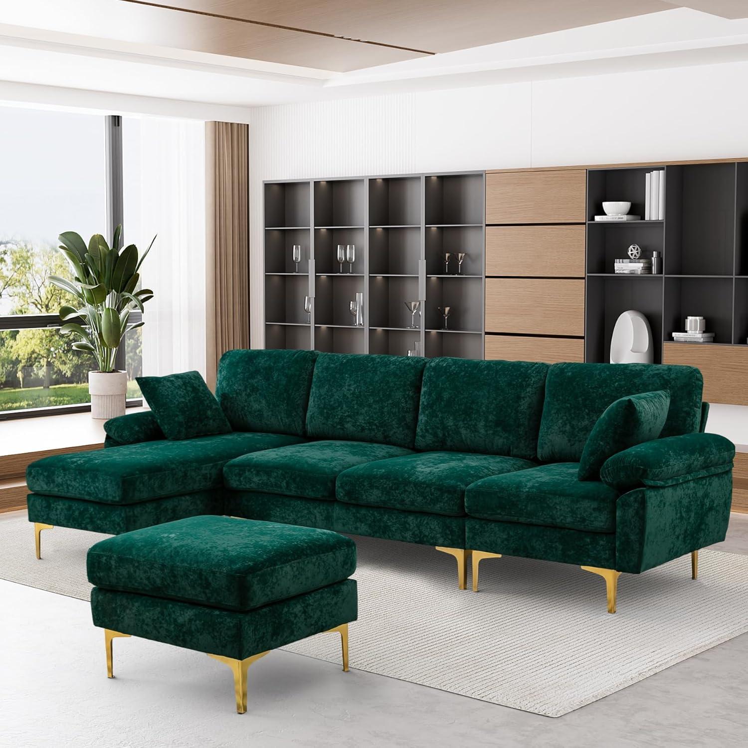 Ouyessir U-Shaped Sectional Sofa, 4 Seat Sofa Set for Living Room, 114 inches Convertible L-Shaped Velvet Couch Set with Chaise Lounge, Ottoman and Pillows