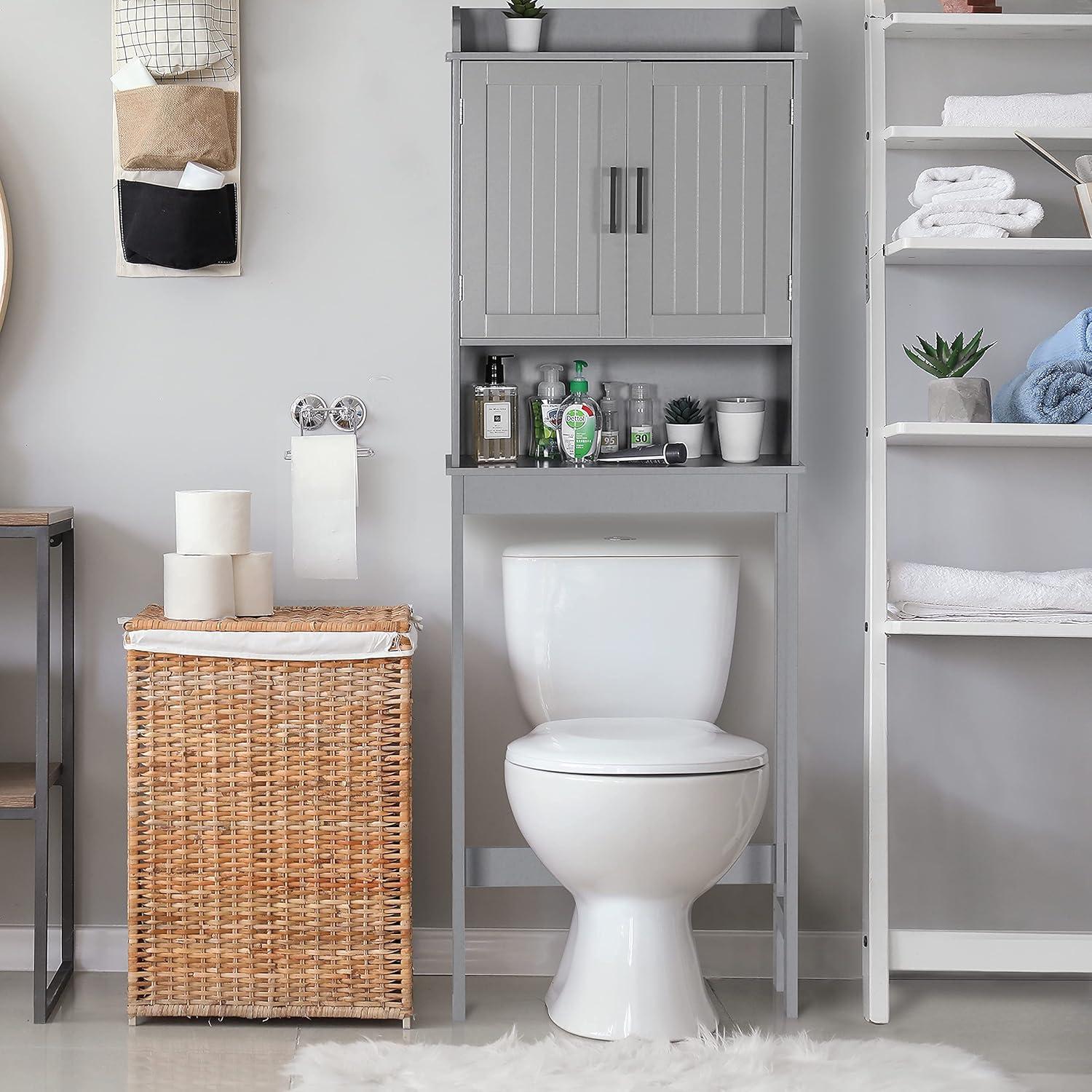 MUPATER Bathroom 67" Storage Cabinet Organizer with Shelves and Doors, Small Freestanding Toilet Shelf Space Saver with Anti-Tip Design and Adjustable Bottom Bar, White