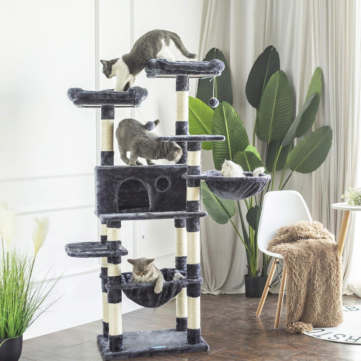 Hey-brother Cat Tree for Large Cats, Cat Tower with Scratching Posts, 2 Padded Plush Perches, Big Condo and Cozy Basket, Smoky Gray MPJ025G