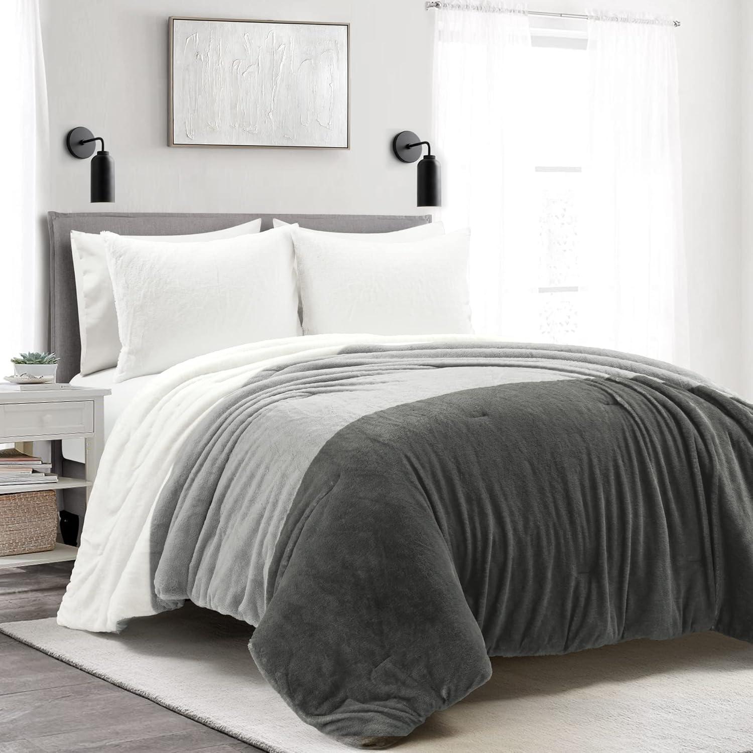 Farmhouse Color Block Faux Fur Microfiber 3 Piece Comforter Set