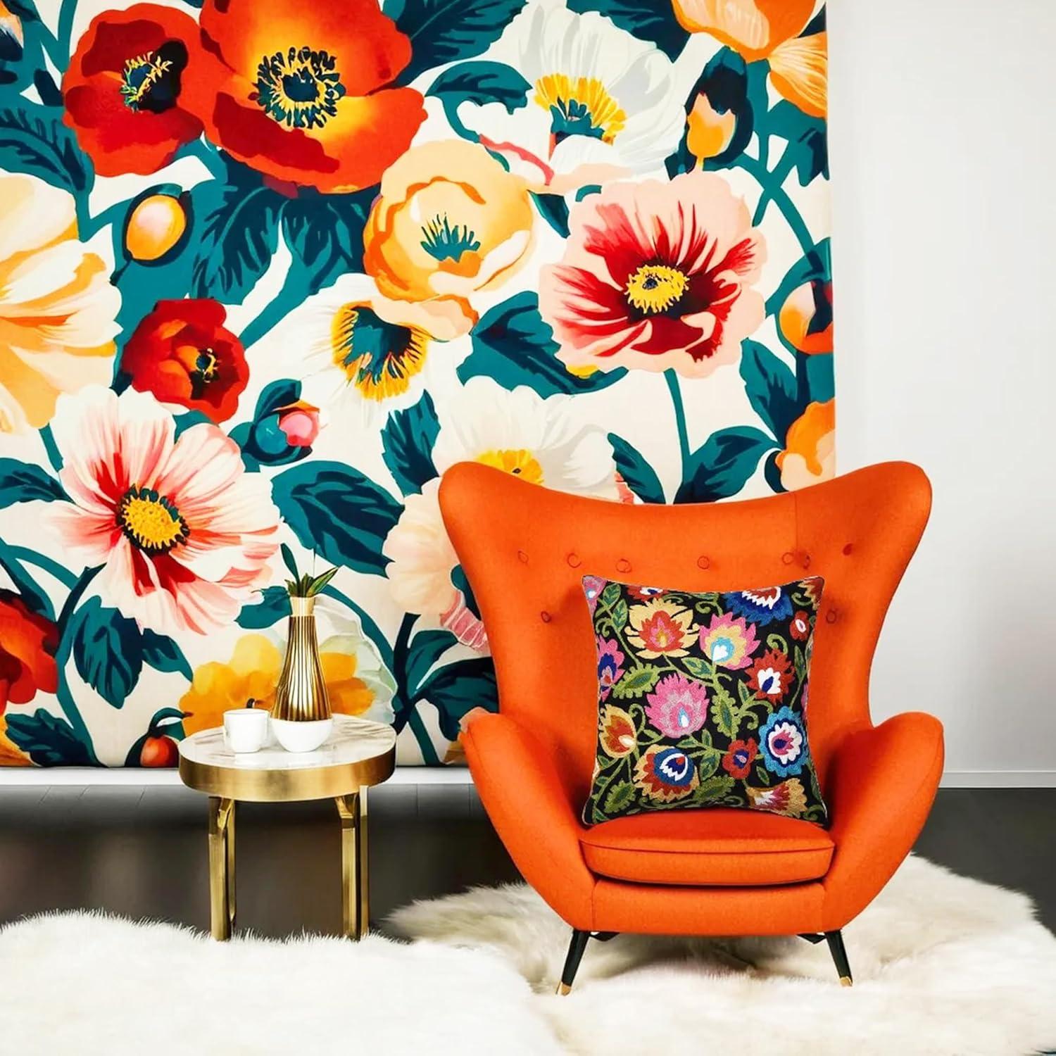 Modern Cream Decorative Floral Pillow Cover Needlepoint White Flower Hand Embroidered Pillowcase Flowery Outdoor Suzani Accent Cushion Boho Chair Modern Chair Pillowsham Wool Size 18x18