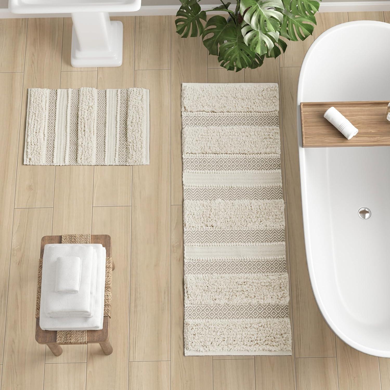 Ink+Ivy, JLA Home 22"x58" Asher Woven Textured Striped Bath Rug Natural : Microfiber, Machine Washable, Non-Slip Backing