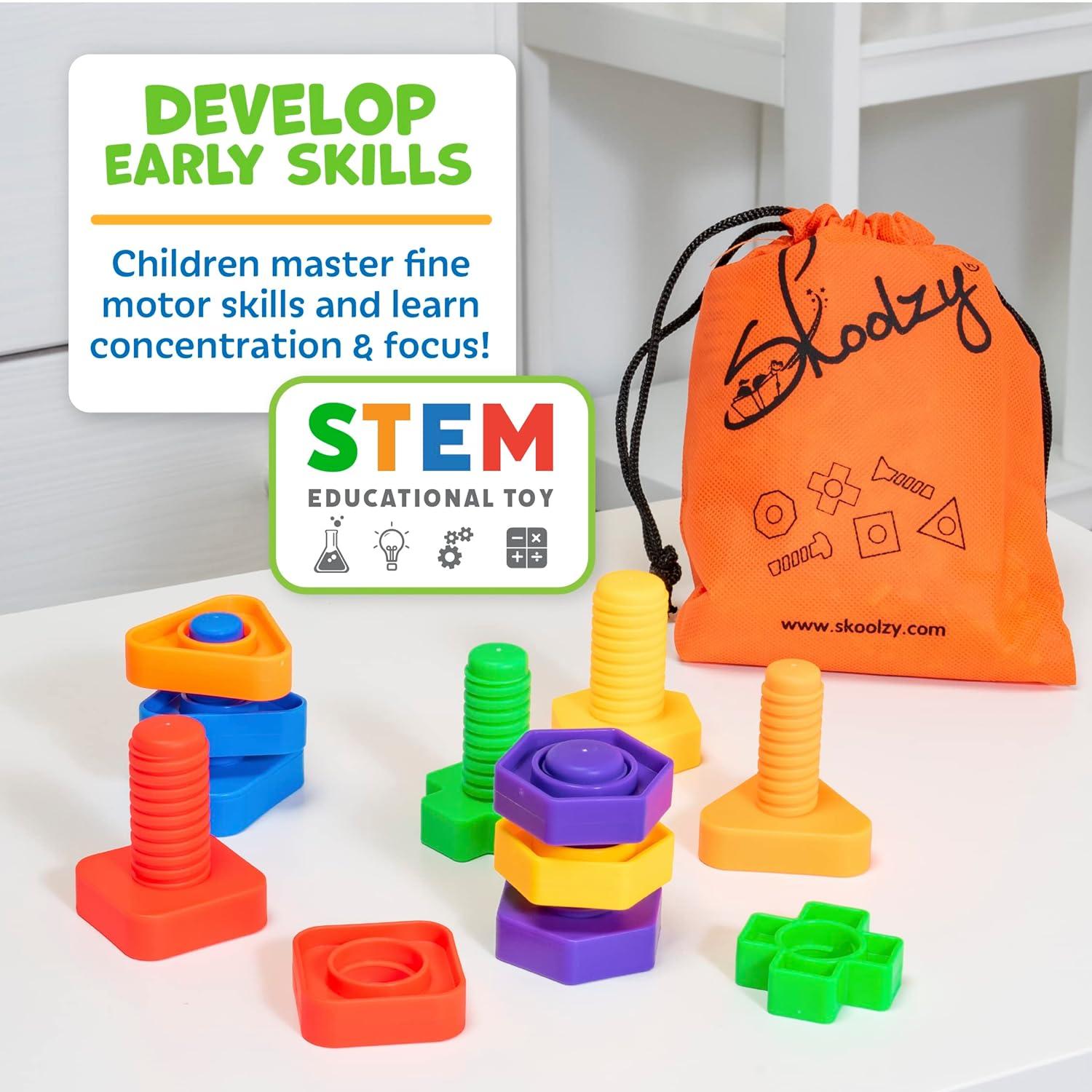Skoolzy Nuts and Bolts 24 Piece Toy_Building_Block Set Sensory Occupational Therapy STEM for Baby Toddler Toys & Kids, Includes eBook