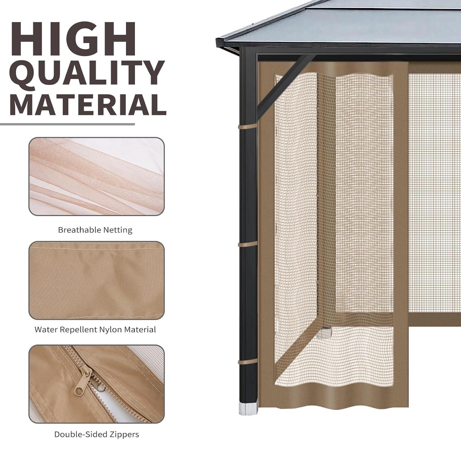 Gazebo Universal Replacement Mosquito Netting, 10'x10' Gazebo Netting Outdoor, 4-Panel Screen Walls for Outdoor Patio with Zipper (Mosquito Net Only) (Brown)