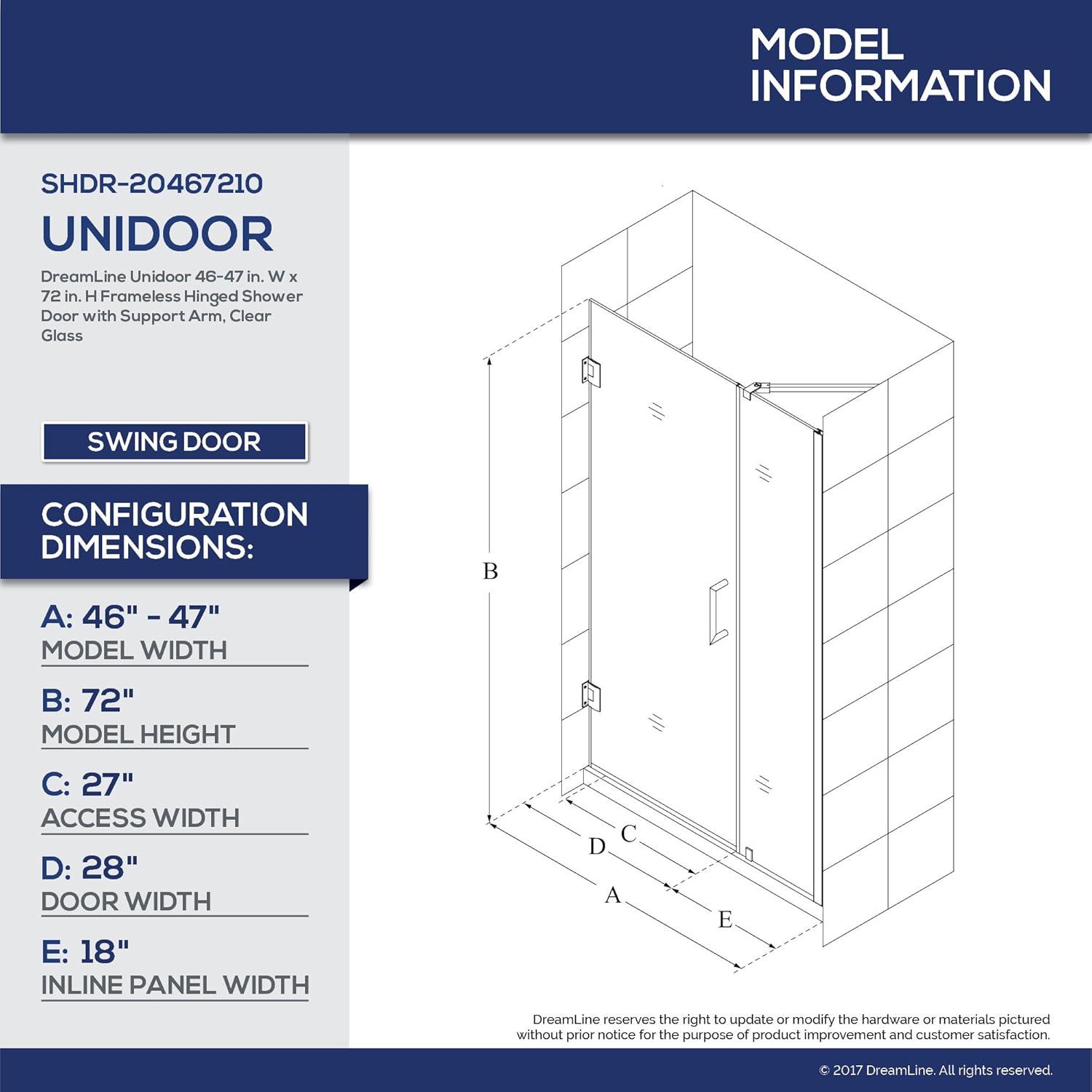 Unidoor 46" W x 72" H Hinged Frameless Shower Door