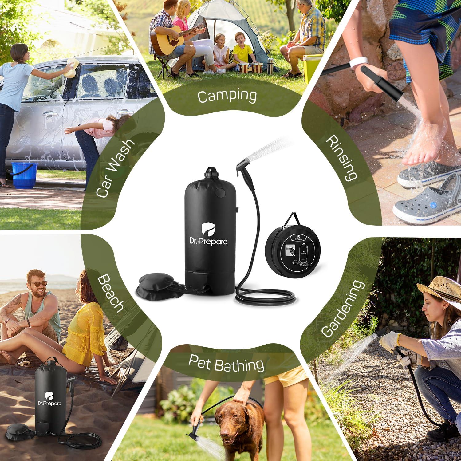 Black PVC Portable Camping Shower with Foot Pump, 5 Gallons