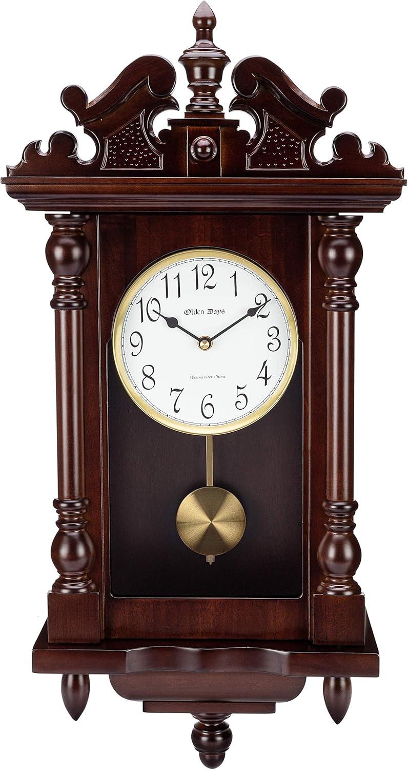 Olden Days Wall Clock with Real Wood, 4 Chime Options, Swinging Pendulum, Antique Vintage Design, 22" Large