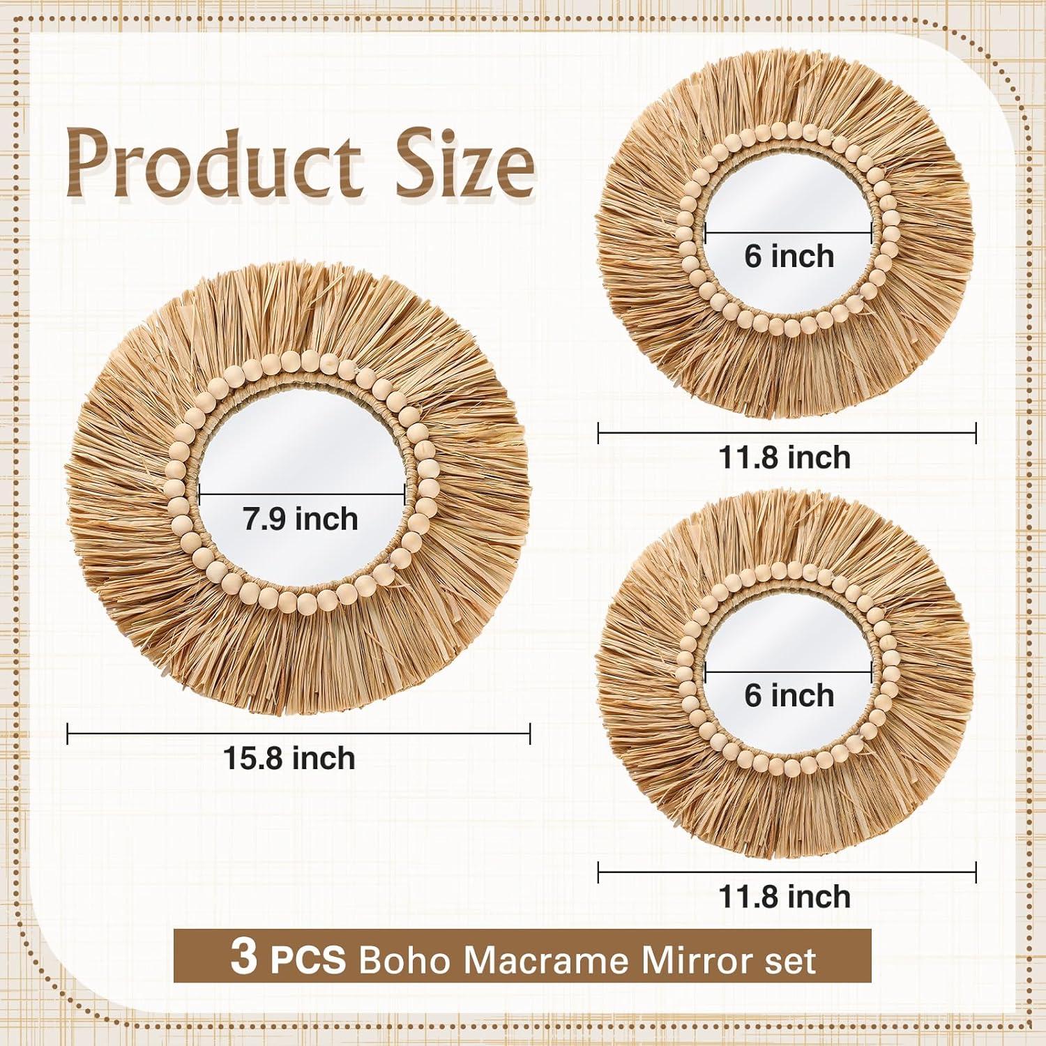 Natural Raffia and Bead Round Wall Mirrors Set