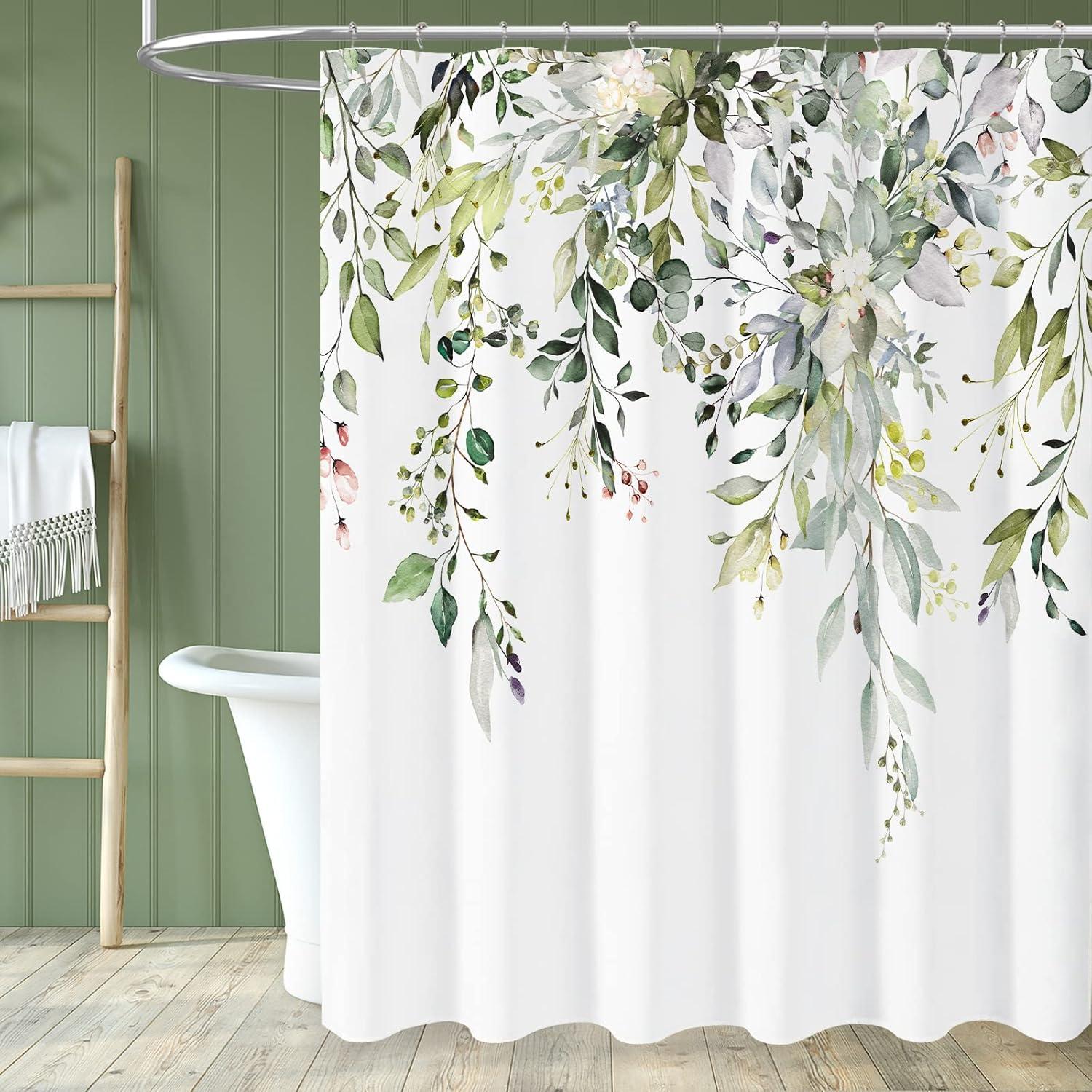 Eucalyptus Watercolor Leaves Semi-Sheer Waterproof Shower Curtain