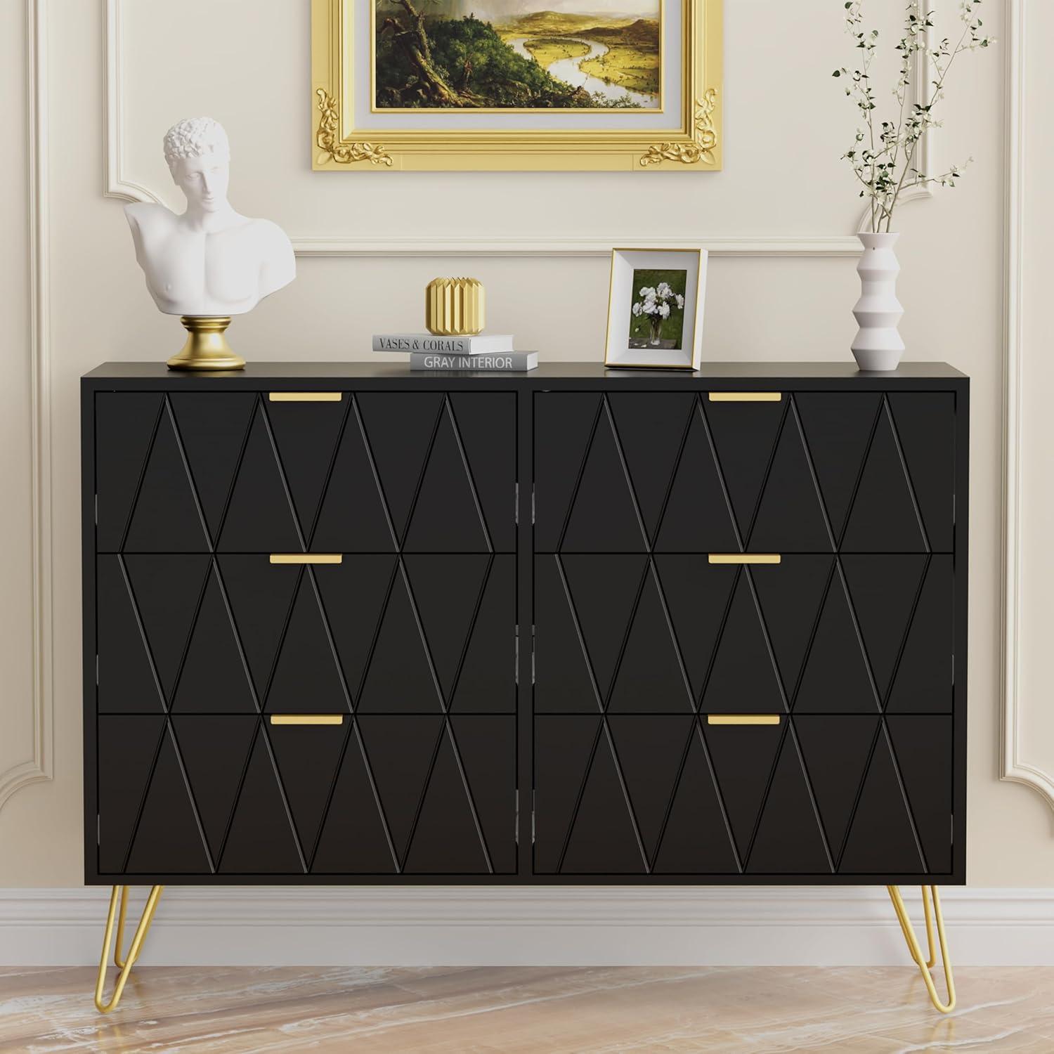 UEV Black 6 Drawer Dresser, Modern Dresser Chest with Wide Drawers and Metal Handles, Wood Storage Chest of Drawers for Bedroom,Hallway,Entryway