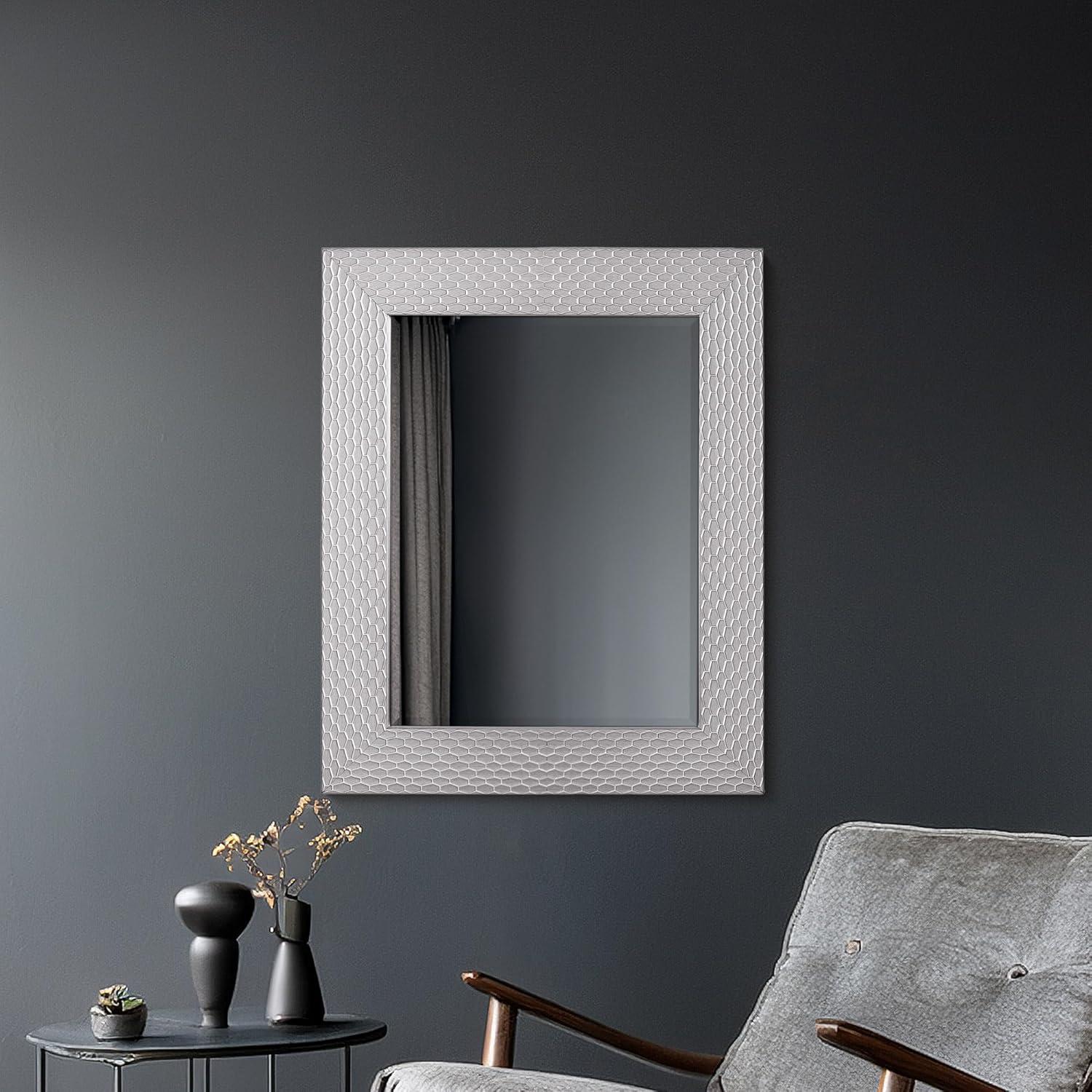 Head West Champagne Silver Honeycomb Embossed Framed Beveled Wall Mirror - 25.5" x 31.5"