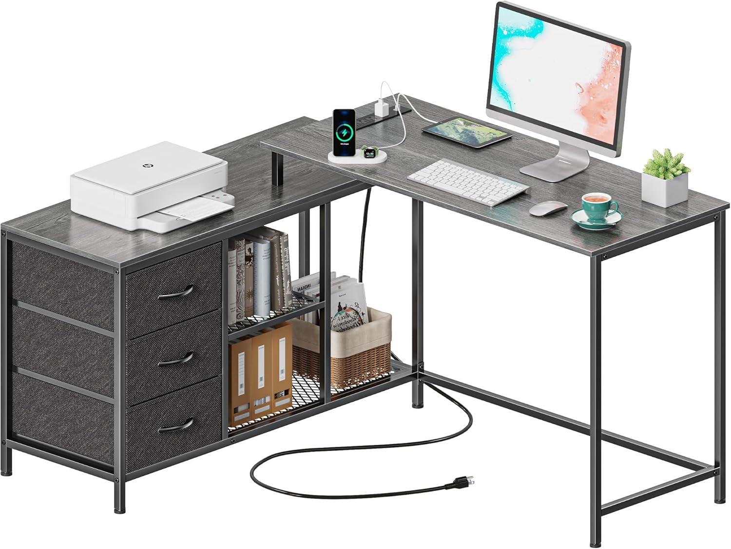 Gray L-Shaped Computer Desk with Drawers and Power Outlets