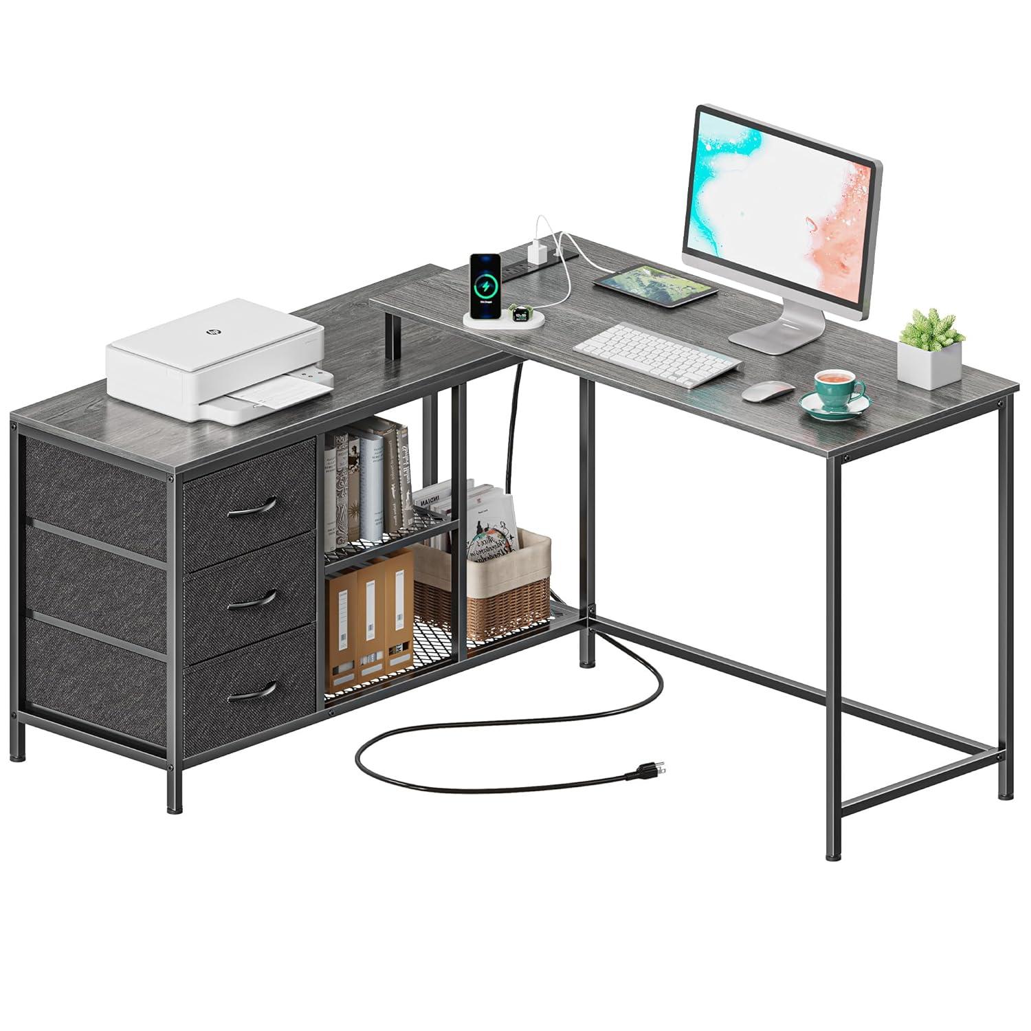 SUPERJARE L Shaped Desk with Power Outlets, Computer Desk with Drawers & Shelves, Corner Desk Gaming Desk Home Office Desk, Gray