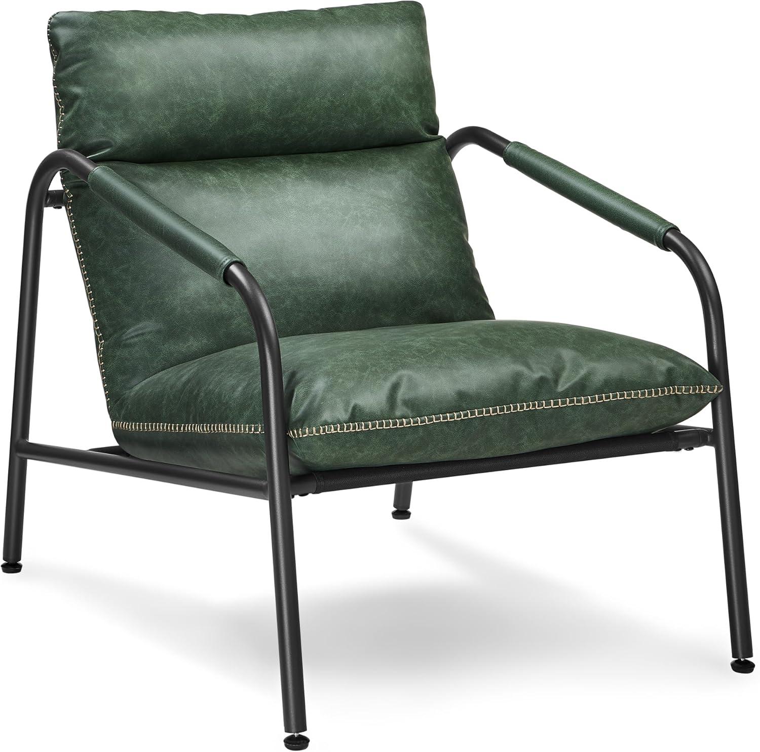 Forest Green Faux Leather and Metal Mid-Century Modern Accent Chair