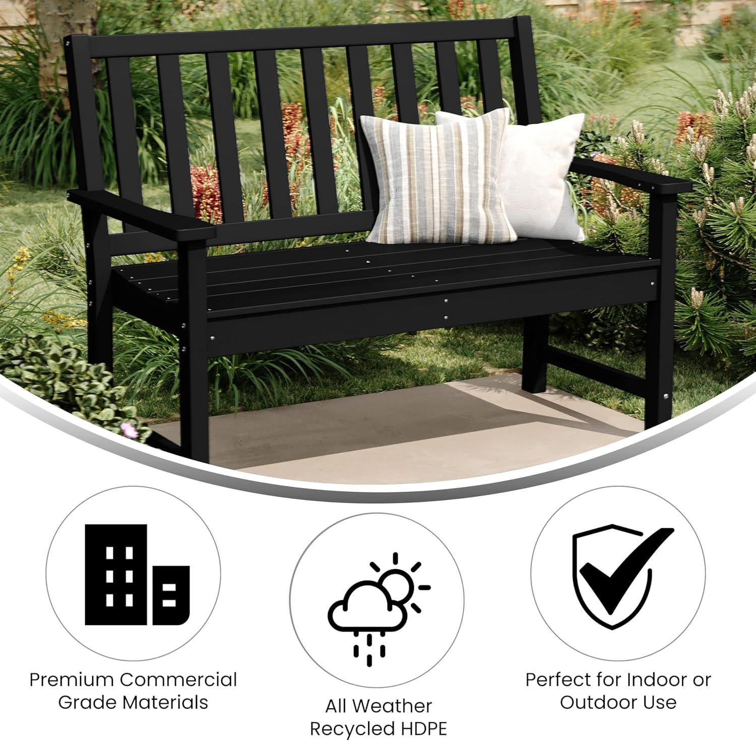 Black 50" Recycled Plastic Outdoor Bench with Arms