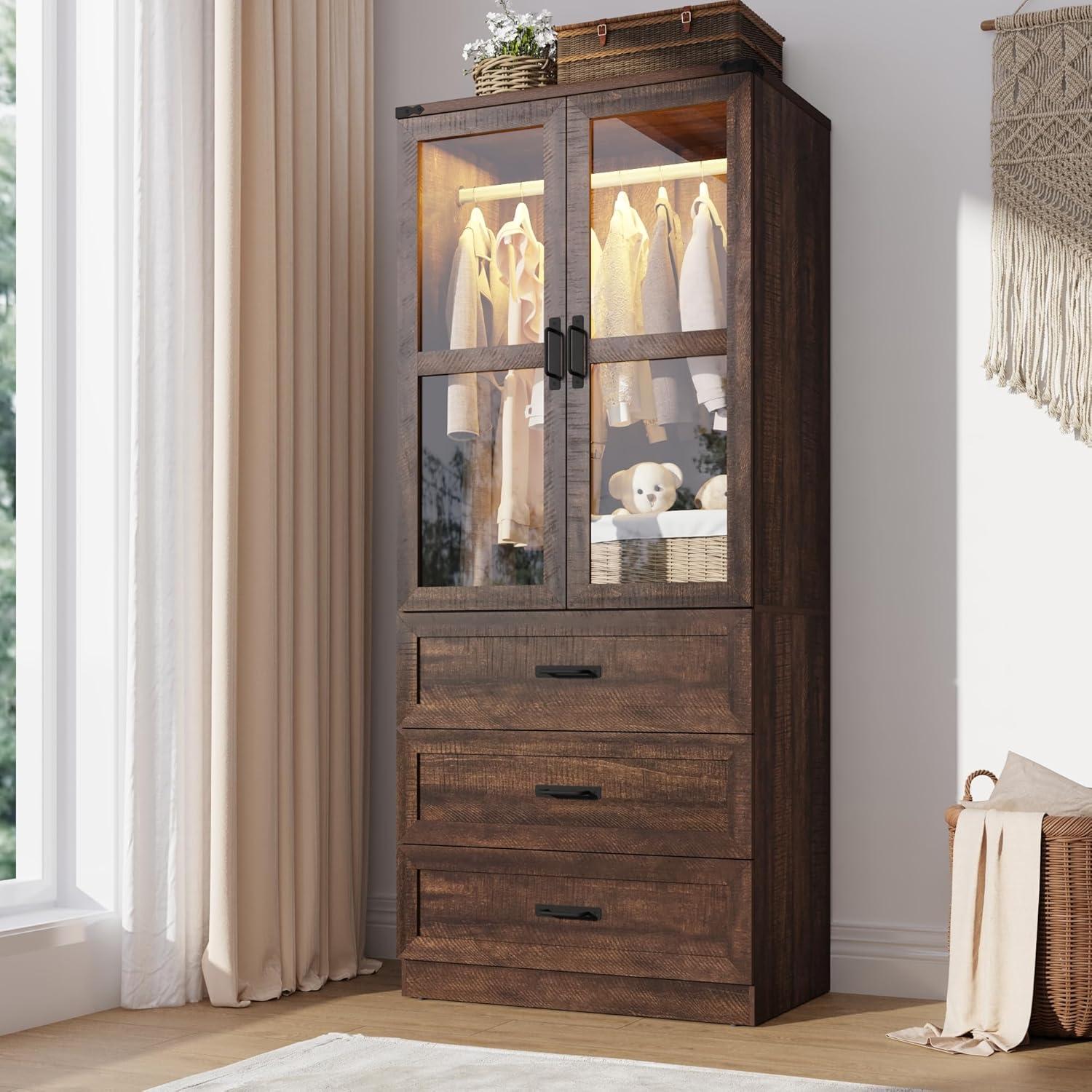 Ivy Bronx 75" Tall Farmhouse 2 Doors Armoire Wardrobe Closet with 3 Drawers and LED,Freestanding Closet