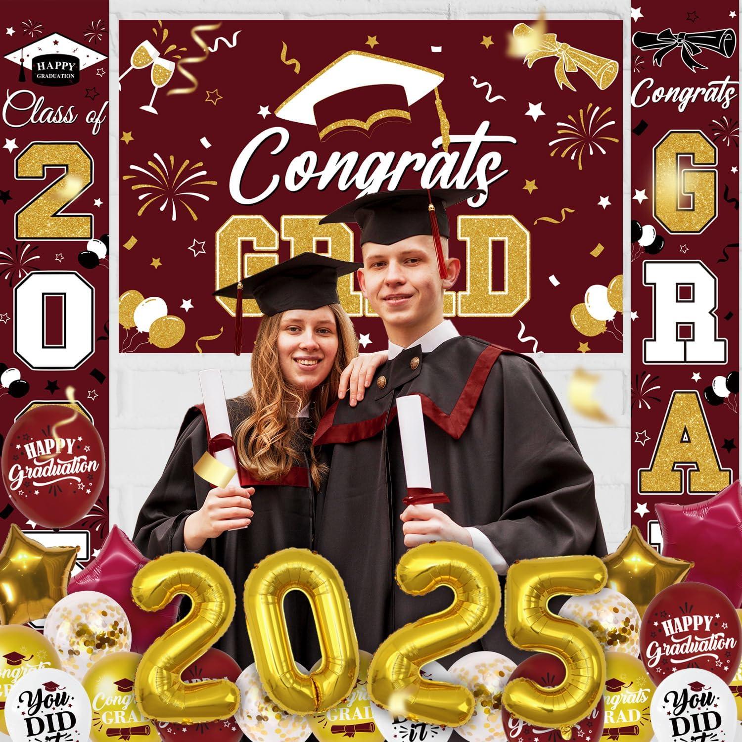 2025 Graduation Party Decoration, Red Gold Themed Set with Congrats Grad Banner, Balloons, Foil Number 2025 for Class of 2025 Graduation Party Supplies