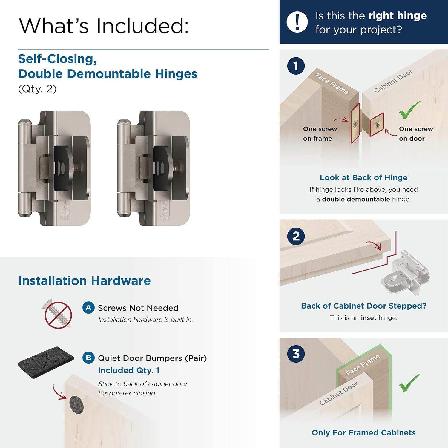 Amerock | Double Demountable Cabinet Hinge | 3/8 inch (10 mm) Inset Hinge | Satin Nickel | 2 Pack | Self-Closing Hinge | Cabinet Door Hinge