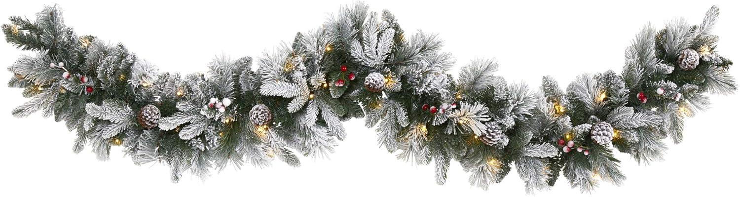 6ft Flocked Pine Artificial Christmas Garland with LED Lights and Pine Cones